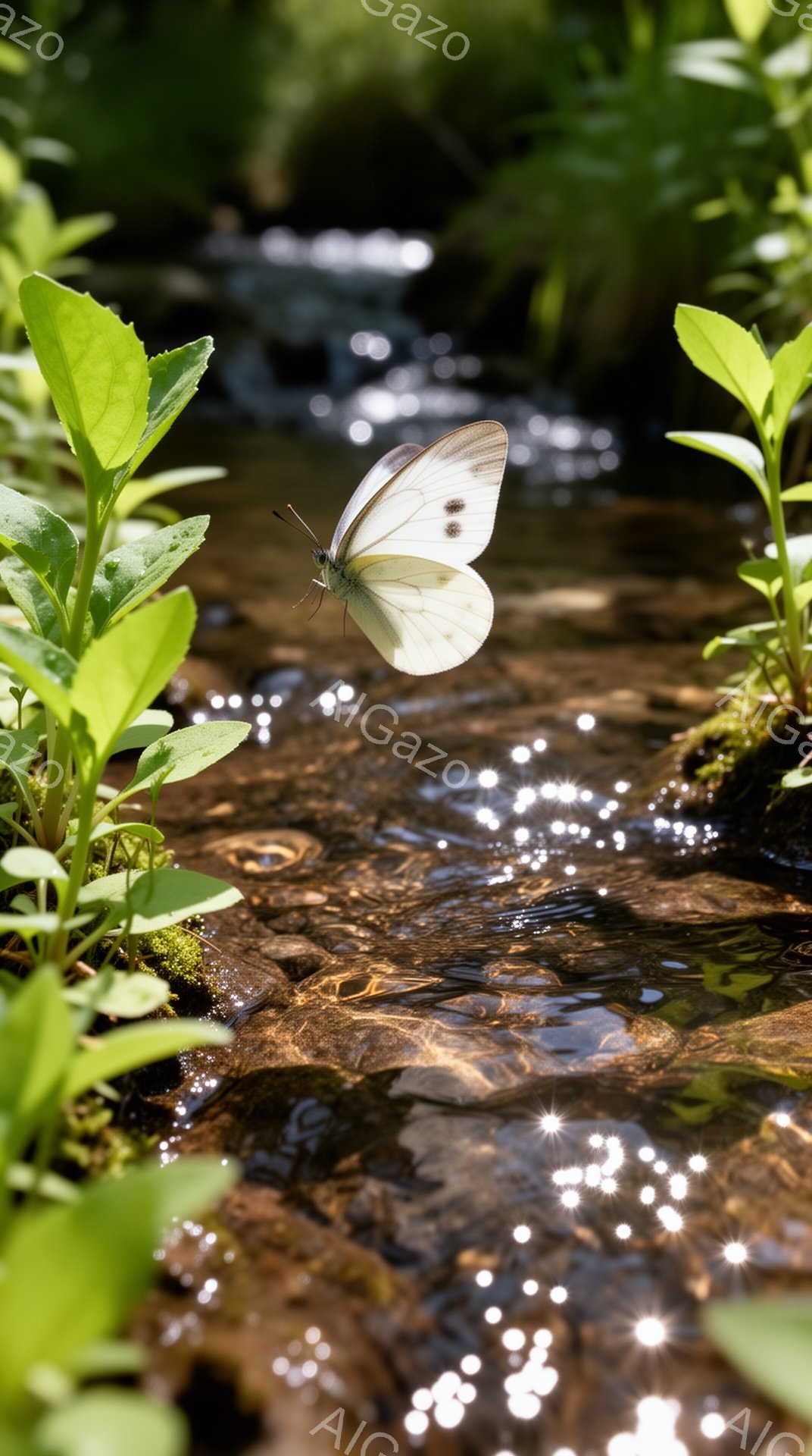 鮮やかな緑の葉に囲まれた小川の上を、白い蝶が舞っている様子が捉えられています。水面は太陽の光を反射してキラキラと輝き、周囲の苔むした岩や植物と調和した静かで穏やかな雰囲気を醸し出しています。自然の息吹 - AI生成フリー素材