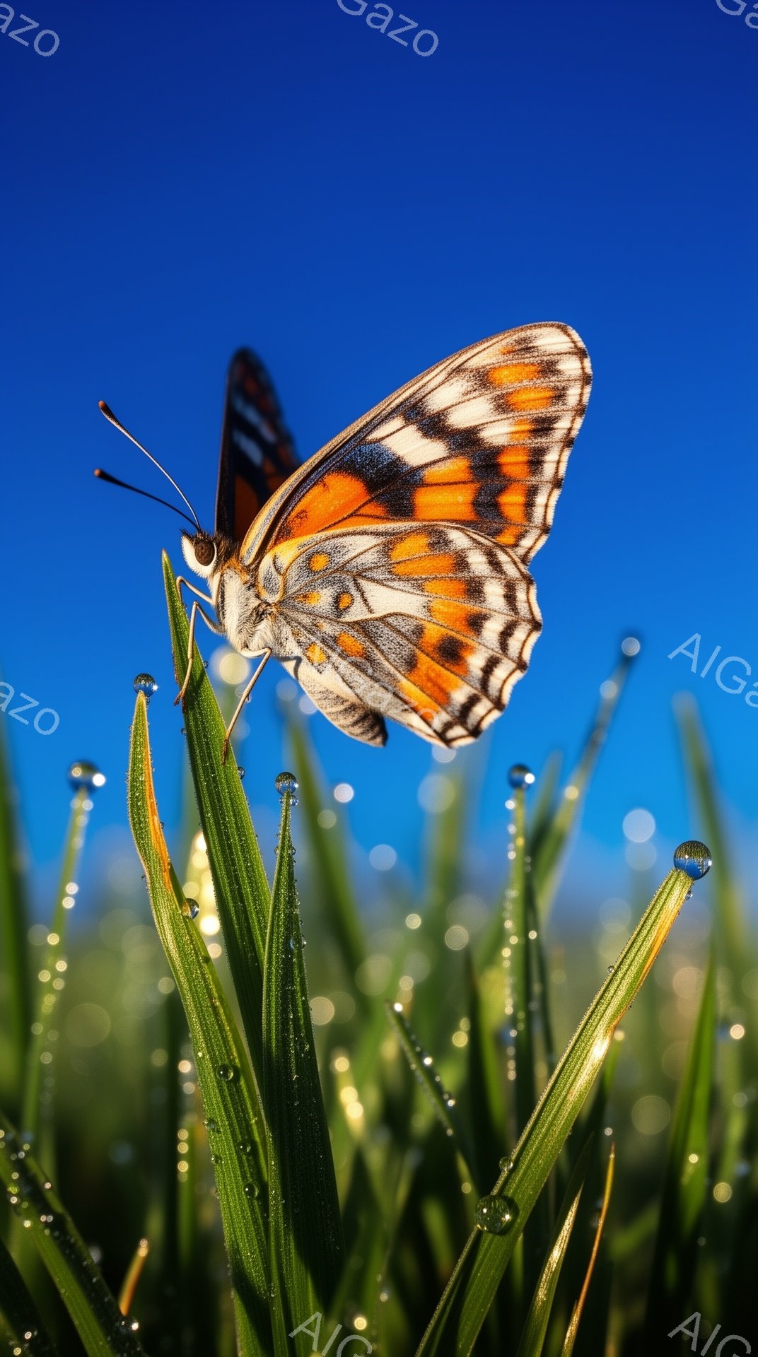 広々とした青空を背景に、オレンジと黒の縞模様が美しい蝶が緑の草の上に止まっています。草には朝露が光り、背景にはぼんやりと太陽光が差し込み、爽やかな夏の日の雰囲気を醸し出しています。蝶は翼を少し広げ、まるで生き生きとした宝石のように見えます。