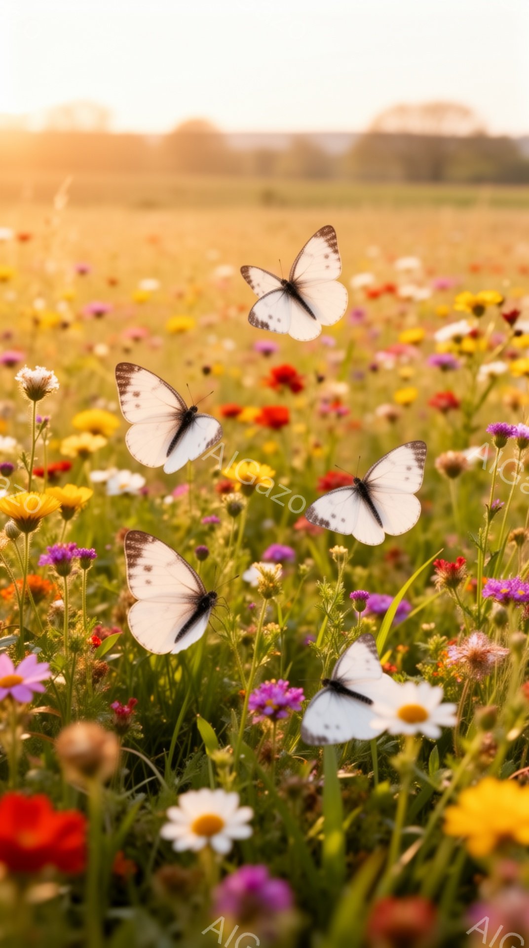 広大な野原に、色とりどりの花々が咲き乱れ、その中に白い蝶が数匹舞っている。夕日の光が差し込み、花々と蝶を黄金色に染め上げ、暖かく幻想的な雰囲気を醸し出している。背景はぼやけており、自然の豊かさと穏やか - AI生成フリー素材
