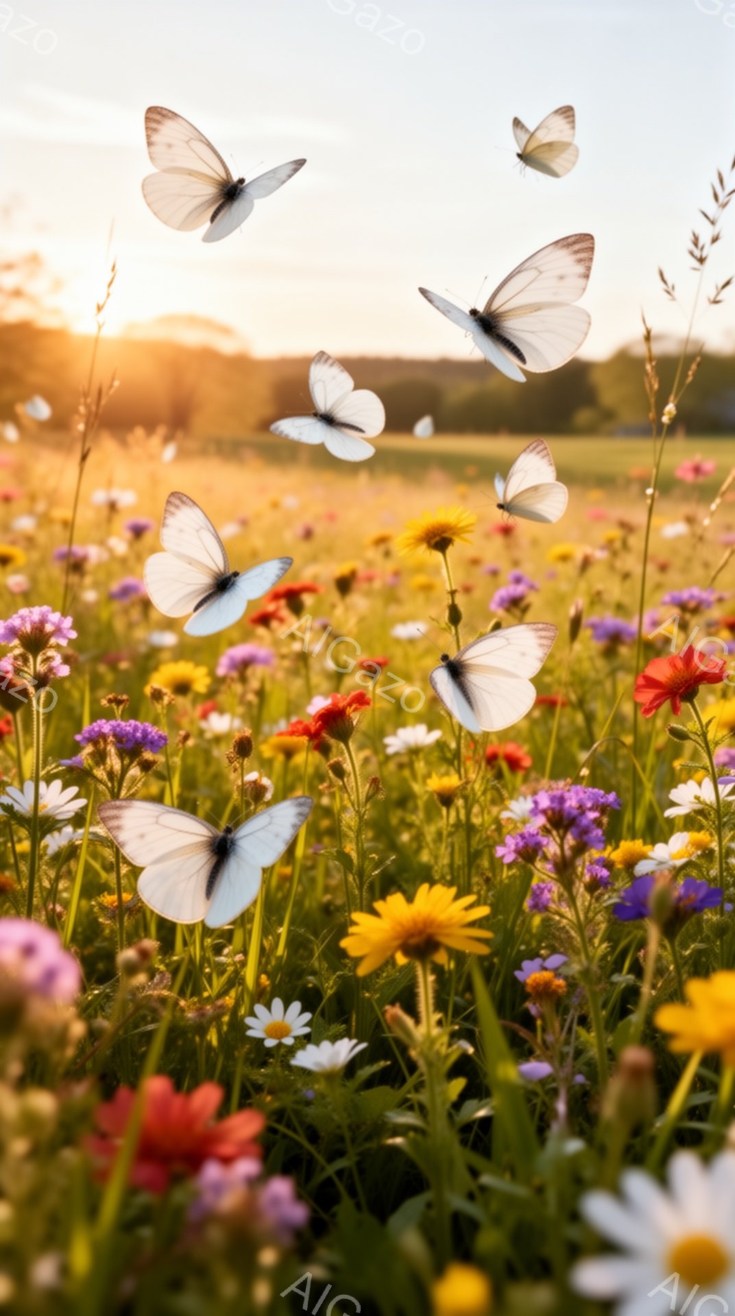 広大な野原に色とりどりの野花が咲き乱れ、その間を白い蝶が舞っている。夕焼けの光が柔らかく差し込み、花々や蝶を暖かく照らし出している。平和で穏やかな夏の日の、自然の美しさを感じさせる光景だ。 - AI生成フリー素材