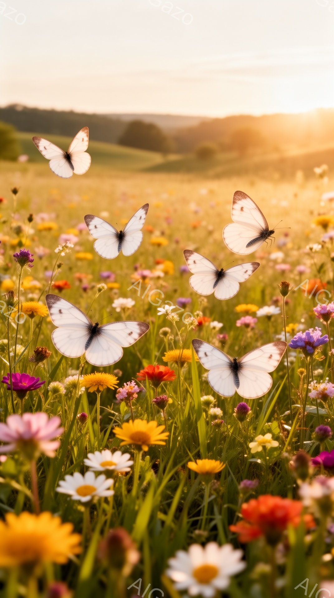 鮮やかな野花が咲き乱れる草原で、白い蝶が複数羽舞っている。夕暮れ時の柔らかな光が花々を照らし、温かく幻想的な雰囲気を醸し出している。背景には緑の丘が広がり、穏やかな自然の美しさを感じさせる。 - AI生成フリー素材