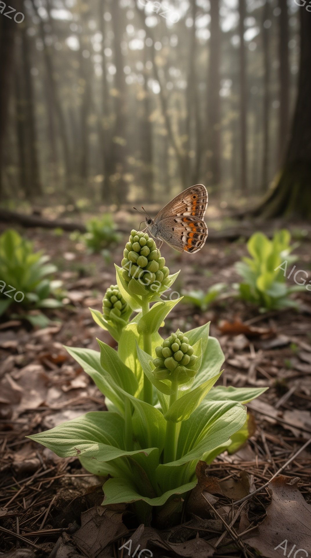 森林の中で、緑色の植物が咲き誇り、その上に鮮やかなオレンジ色の蝶がとまっている。光が差し込み、植物と蝶を照らし出し、幻想的な雰囲気を醸し出している。背景はぼやけており、自然の静けさと美しさが感じられる - AI生成フリー素材