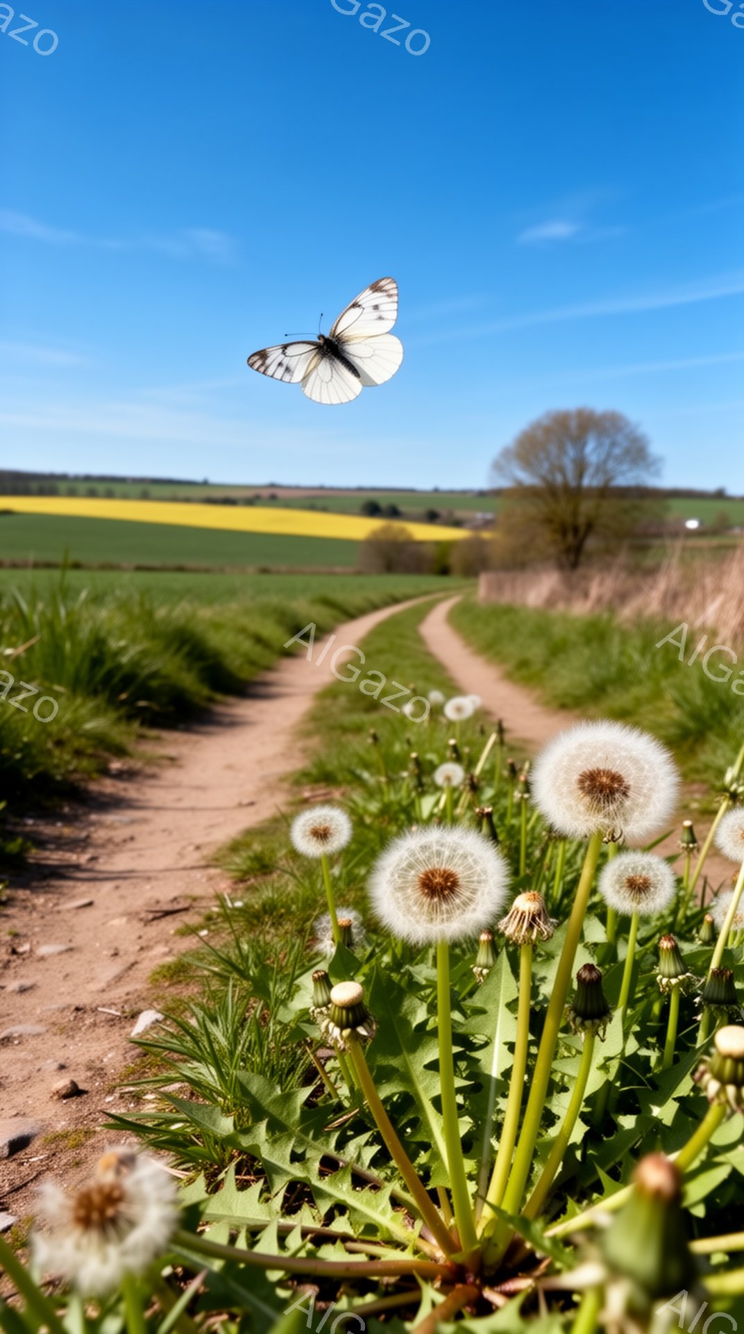 鮮やかな青空の下、タンポポが咲き乱れる道が続く風景です。白い蝶がタンポポの上を舞い、春の穏やかな雰囲気を醸し出しています。遠くには緑の畑と木々が見え、自然豊かな田園風景が広がっています。