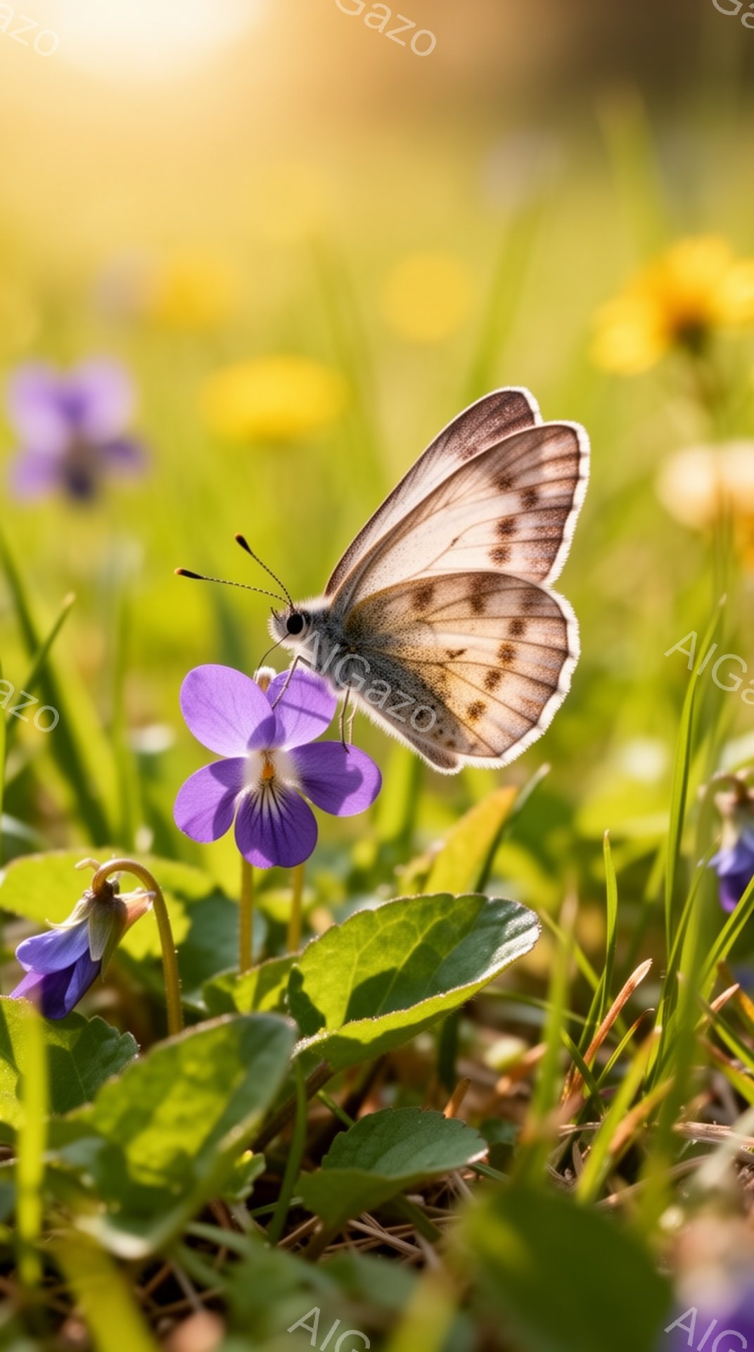 紫色のスミレの花の上に、縞模様の蝶がとまって休憩しています。背景は緑の草むらで、太陽の光が差し込み、暖かく穏やかな春の日の雰囲気が漂っています。鮮やかな色彩が蝶と花を引き立て、自然の美しさが際立ってい - AI生成フリー素材