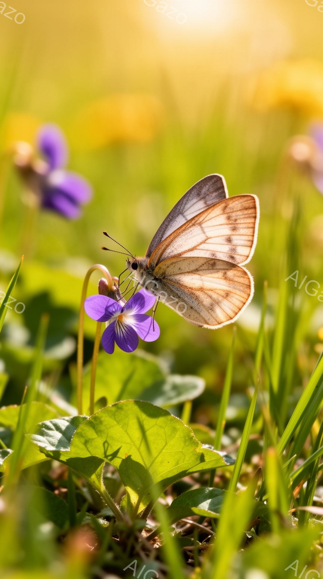 草原の緑の中で、アゲハチョウが紫色の花にとまっている。暖かく柔らかな光が差し込み、穏やかな春の日の雰囲気が漂っている。チョウの繊細な模様と、鮮やかな花の色が印象的だ。 - AI生成フリー素材