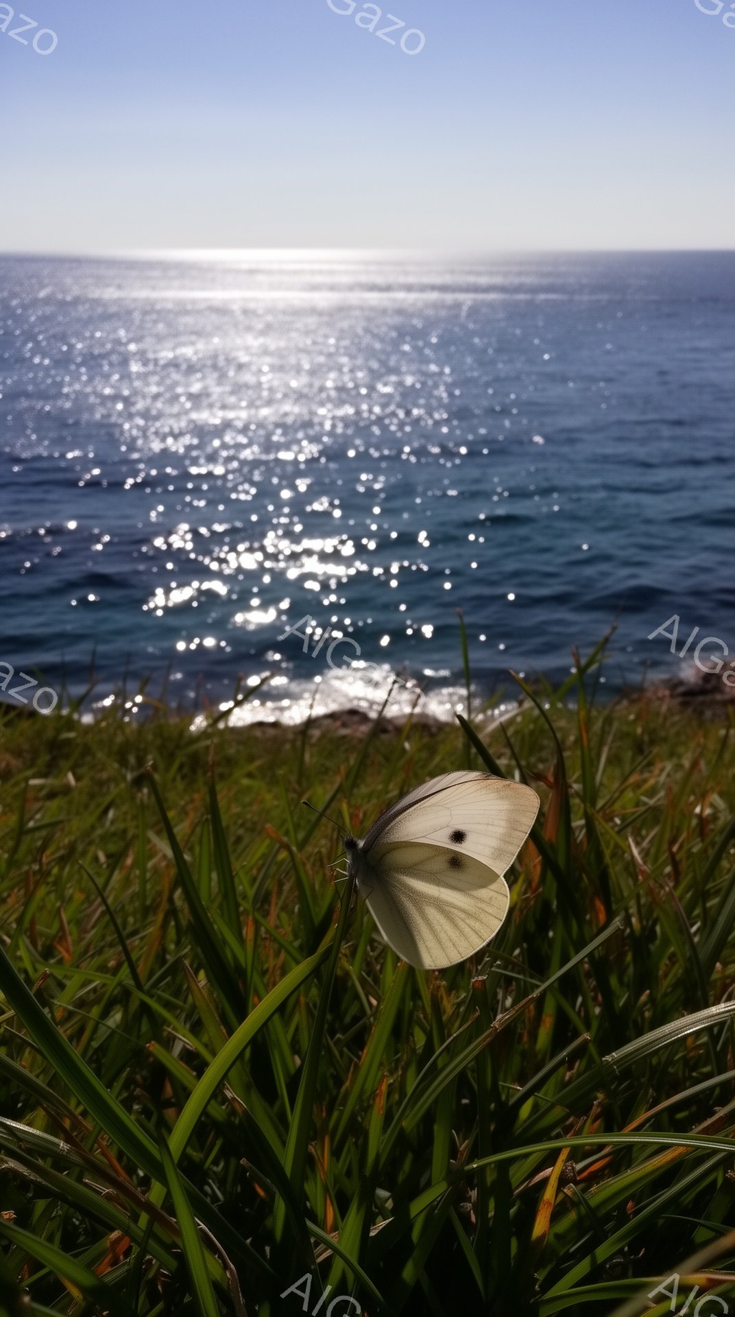 緑の草の上で白い蝶が羽を休めている。背景には太陽の光を浴びてキラキラと輝く海が広がり、穏やかで美しい風景を作り出している。自然の鮮やかさと静けさが感じられる、平和な瞬間が切り取られている。