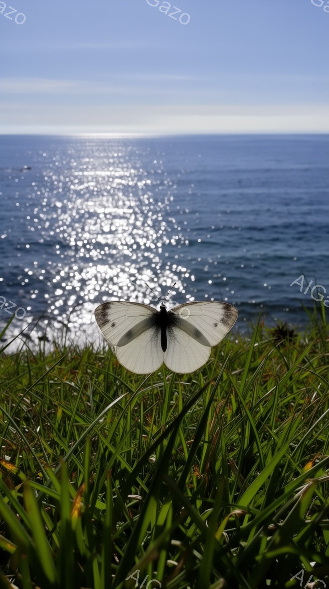 鮮やかな緑の草の上に、白い蝶が羽を広げてとまっています。背景には、太陽の光を受けてきらめく海が広がり、穏やかで美しい風景を作り出しています。蝶の繊細さと海の輝きが調和し、平和な雰囲気を醸し出しています。