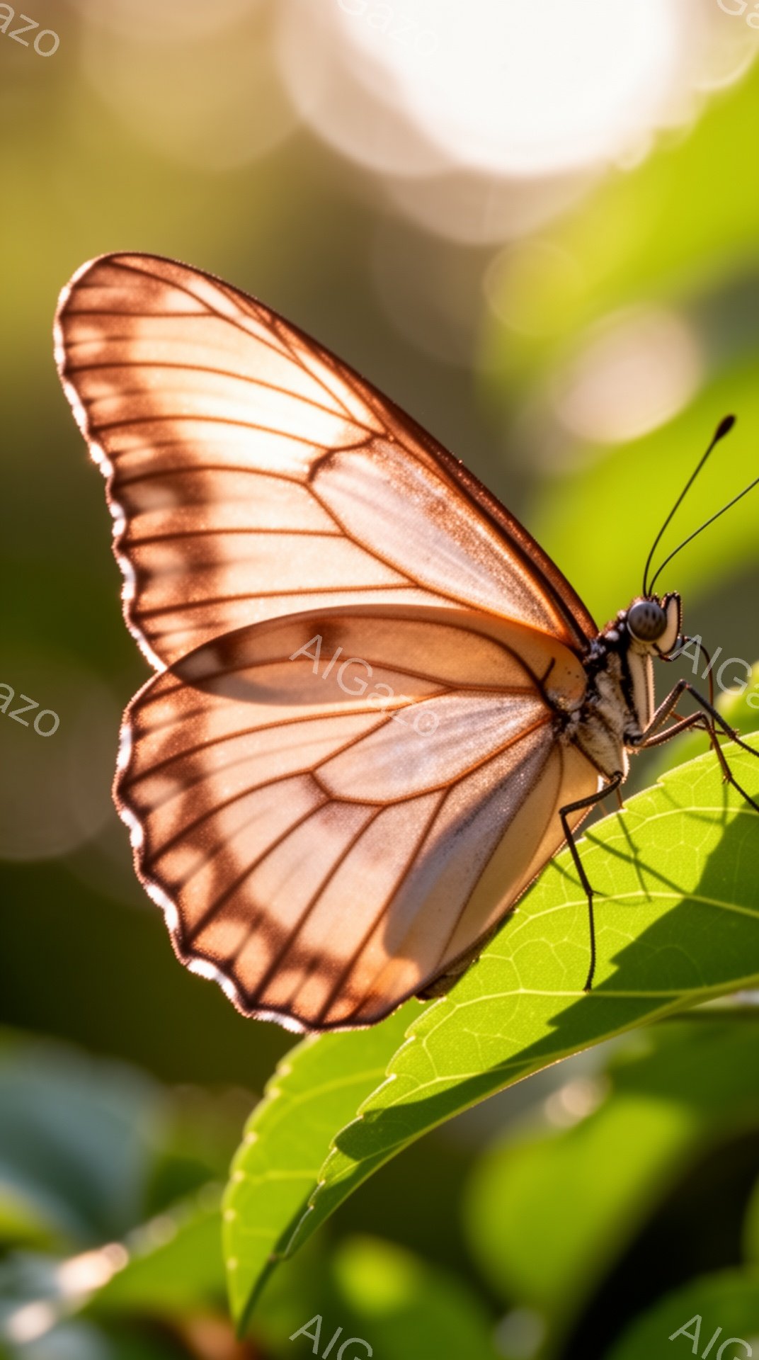 鮮やかな緑の葉の上に茶色と白の模様をした美しい蝶がとまっています。日の光が葉と蝶を照らし、透明感のある繊細な羽の模様が際立っています。背景はぼやけており、蝶が自然の中で静かに過ごしている様子が伝わって - AI生成フリー素材
