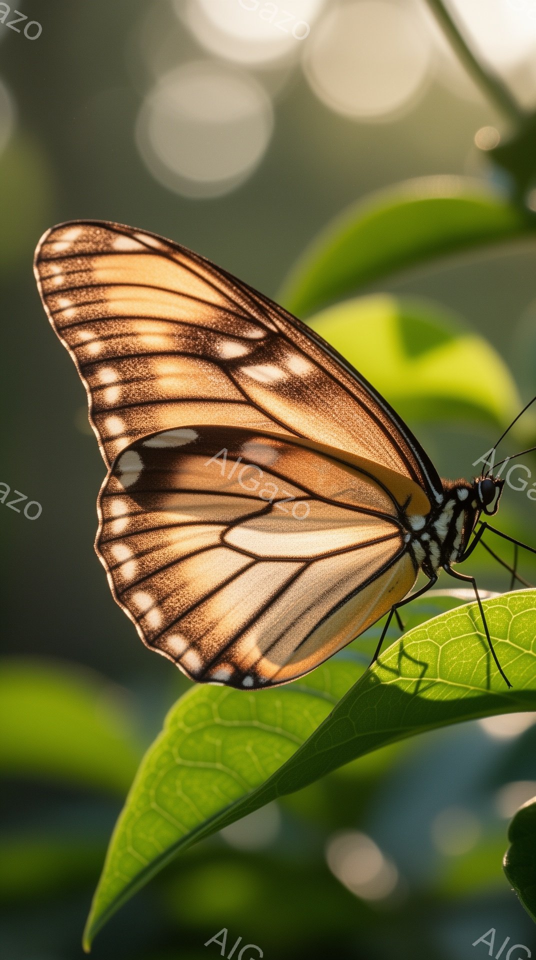 光る緑の葉の上に鮮やかなアゲハチョウがとまっている。オレンジと黒の模様が印象的で、背景にはぼやけた光の粒子が散りばめられている。春の穏やかな雰囲気を感じさせる美しい光景だ。 - AI生成フリー素材