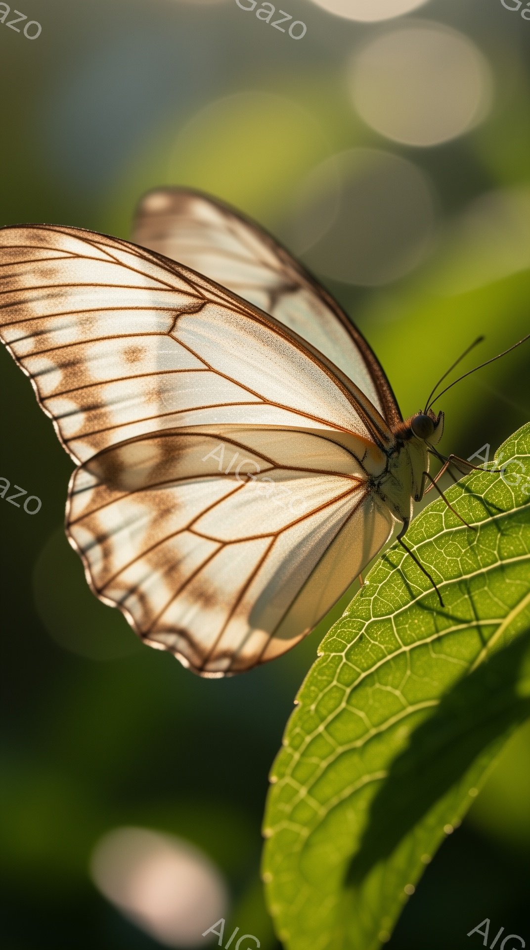 鮮やかな緑の葉の上に、美しいアゲハチョウがとまっている。光が葉を透過し、チョウの繊細な模様を際立たせている。背景にはぼかしの入った緑が広がり、穏やかで自然な雰囲気を醸し出している。 - AI生成フリー素材
