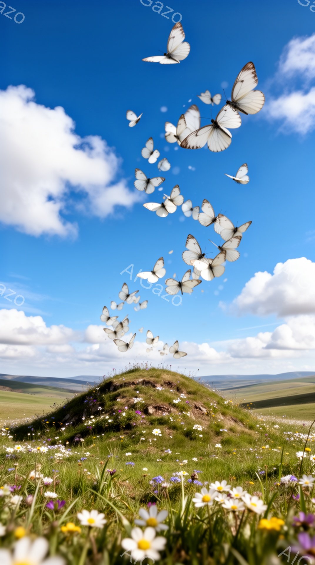 青空の下、丘一面に咲く花々の絨毯の上を、白い蝶が舞っている。鮮やかな草花と青い空とのコントラストが美しく、穏やかで平和な雰囲気を醸し出している。蝶の繊細な羽ばたきと、丘の曲線が、自然の美しさを際立たせ - AI生成フリー素材
