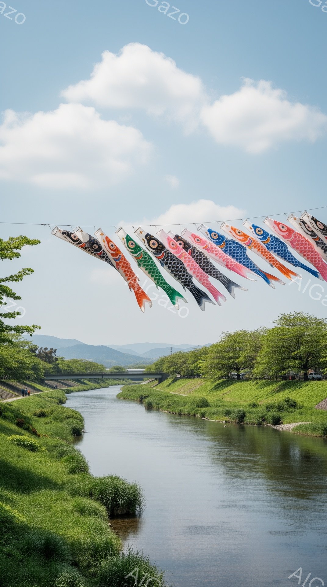 青空の下、川の上を鯉のぼりがたくさん泳いでいる。川岸には緑豊かな草が生い茂り、穏やかな春の日の光景が広がっている。遠くには山々が薄く見える、平和で優しい雰囲気の写真だ。 - AI生成フリー素材