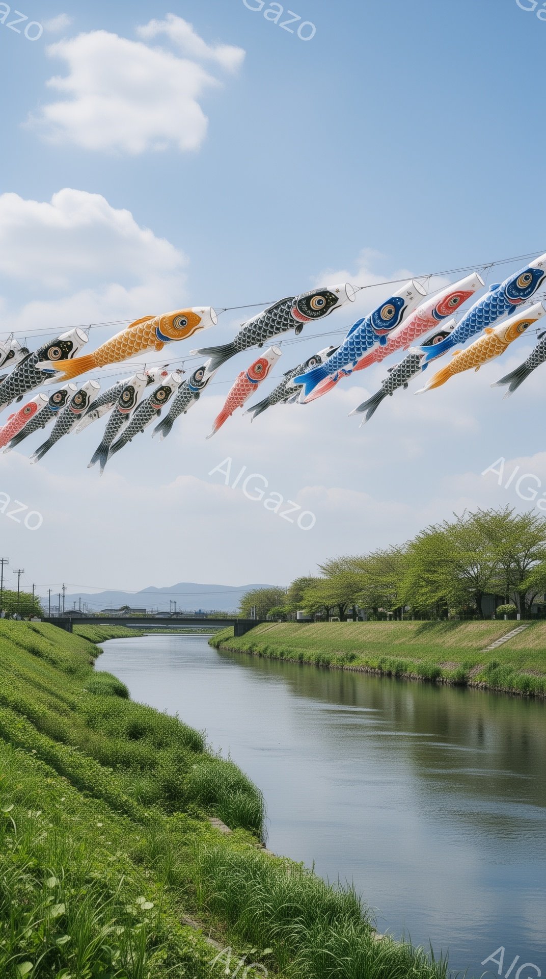 青空の下、川の上に色とりどりの鯉のぼりが並んで泳いでいる。緑豊かな川岸と、遠くに見える山々が穏やかな春の風景を演出している。子供たちの成長を願う、伝統的な日本の風物詩である。 - AI生成フリー素材