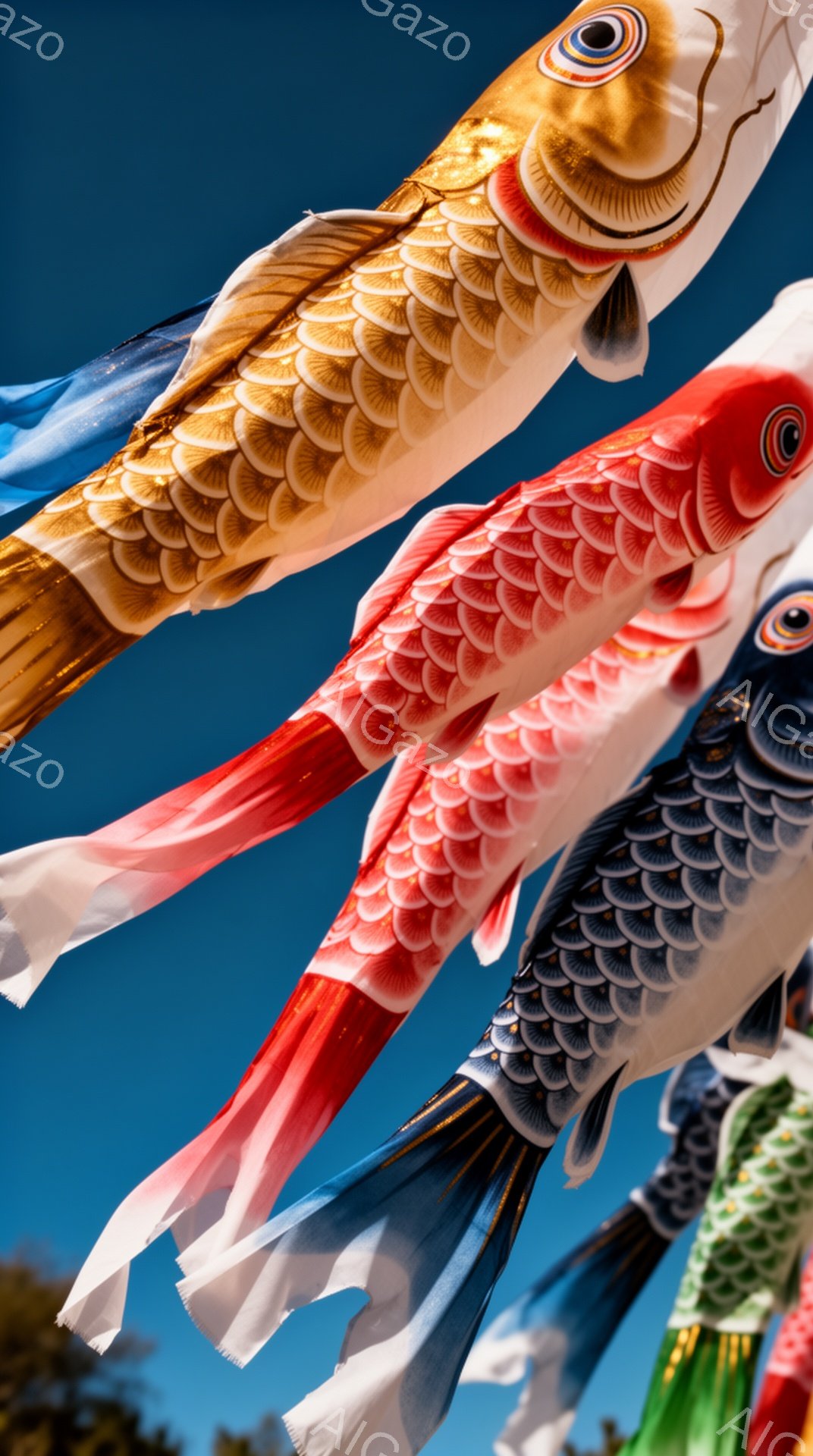 空には色とりどりの鯉のぼりが泳いでいる。鮮やかな赤、白、青、そして金色の鯉が力強く空を舞い、子供たちの成長を願う暖かな雰囲気が感じられる。青い空とのコントラストが美しく、日本の春の風物詩を象徴する光景 - AI生成フリー素材