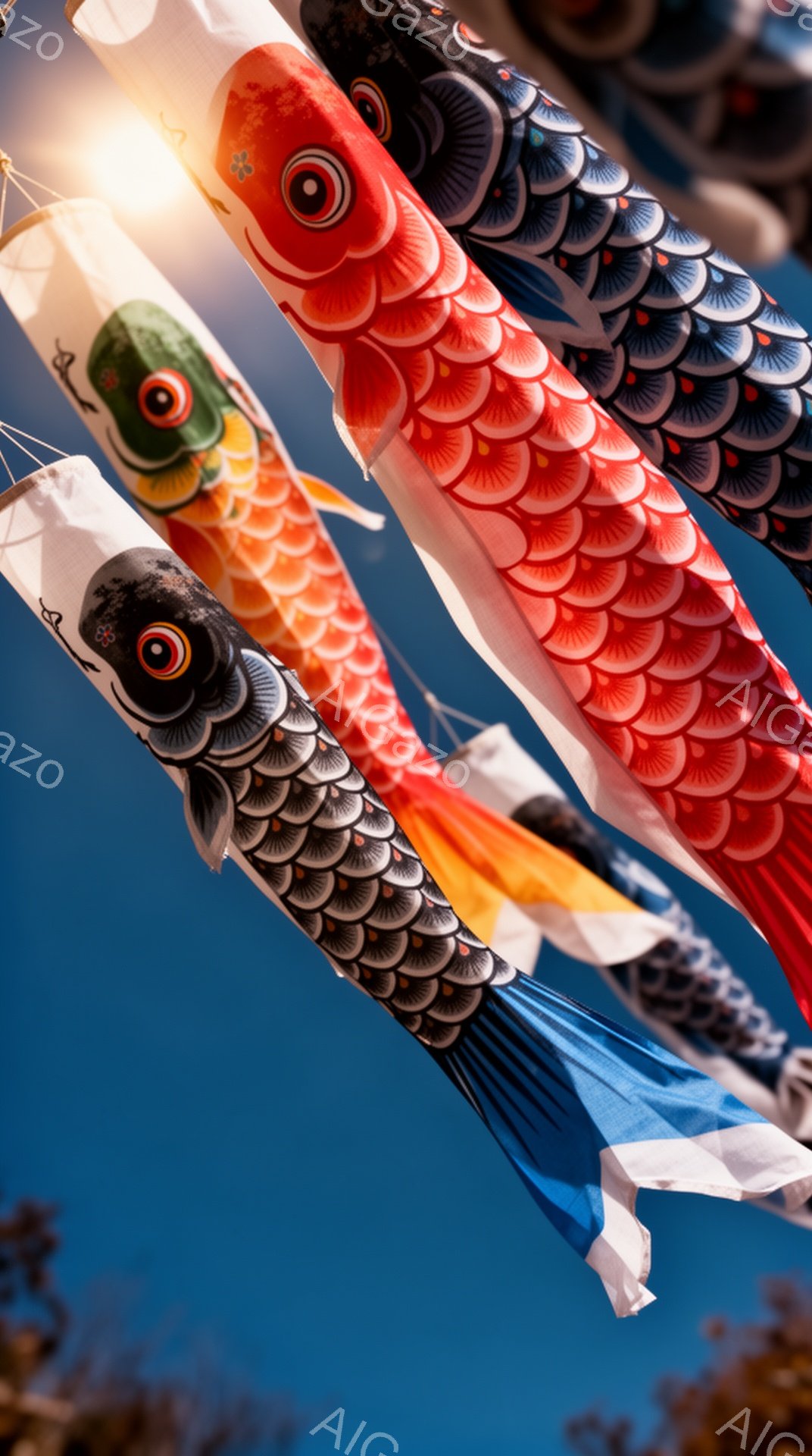 鮮やかな鯉のぼりが青空を背景に泳いでいるように見える。 それぞれ異なる色と模様が施され、子供たちの成長を願う伝統的な風物詩である。 空には太陽が輝き、春の暖かさを感じさせる。 - AI生成フリー素材