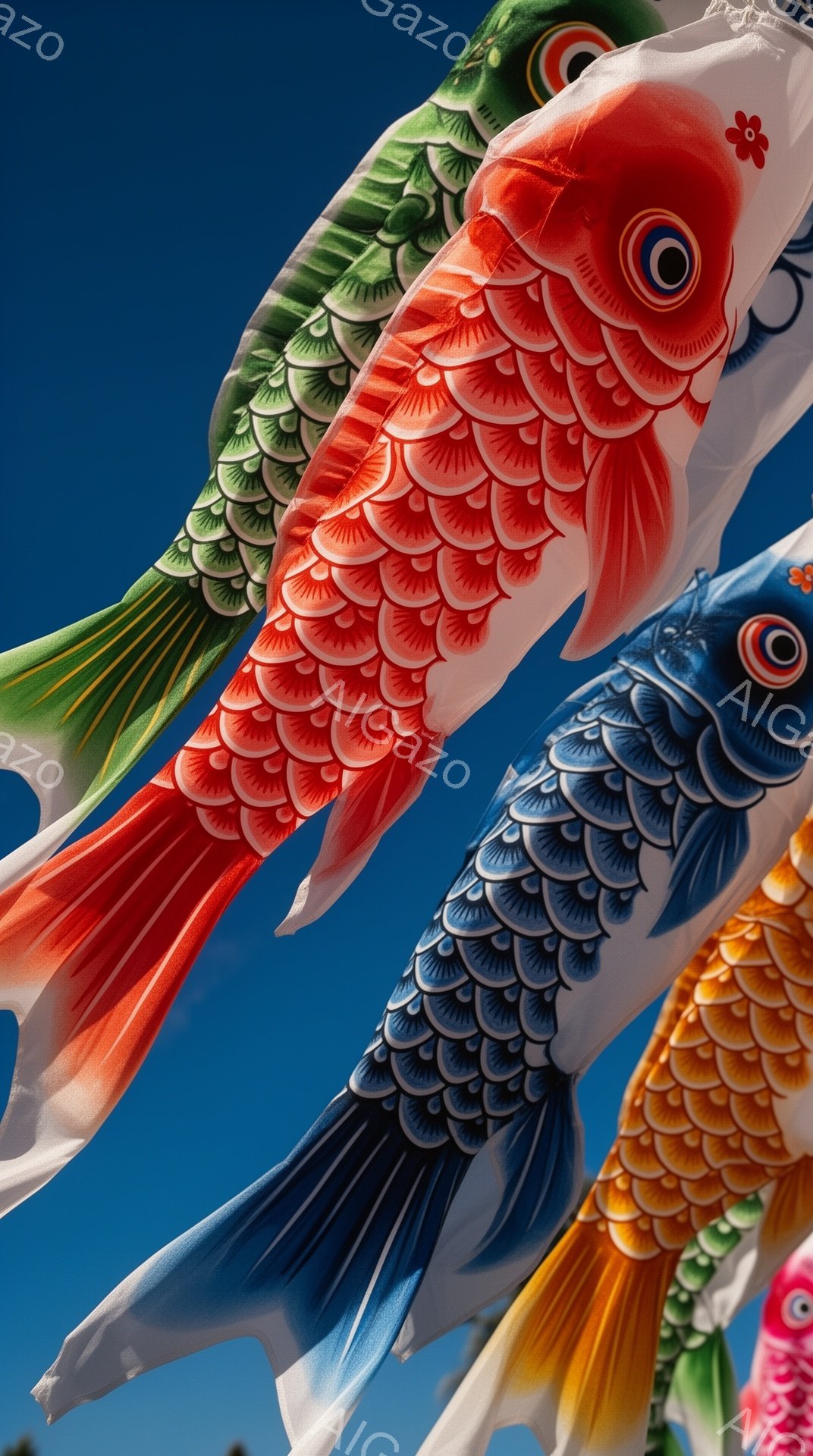 青空を背景に、色とりどりの鯉のぼりが並んでいます。鮮やかな赤、緑、青、黄色が風に吹かれて躍動感を出し、子供の成長を願う五月祭りの雰囲気を伝えています。鯉の鱗の細かい模様が美しく、日本の伝統文化を感じさ - AI生成フリー素材