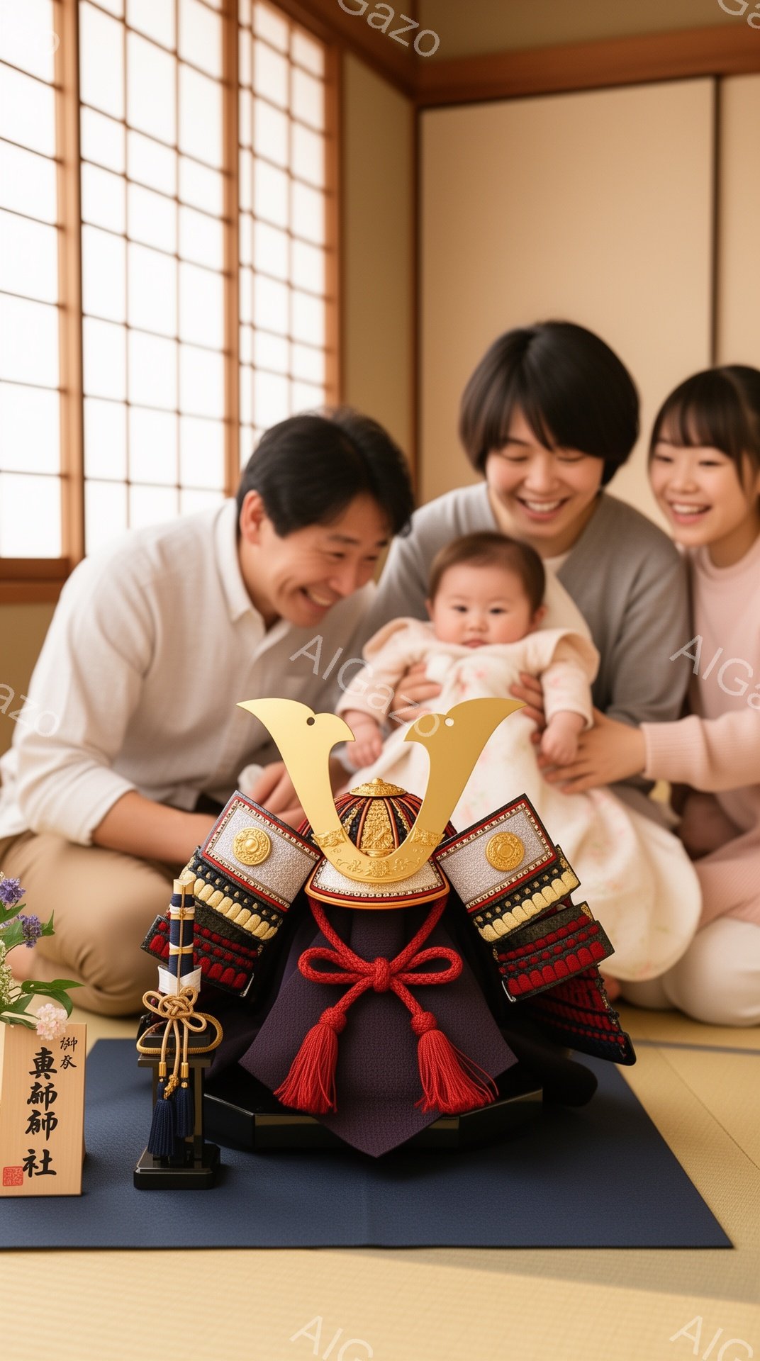 家族が兜飾りを背景に笑顔で写っている。母親は赤ちゃんを抱き、父親は優しく見守っている。畳の部屋で、初節句のお祝いの雰囲気が漂う。 - AI生成フリー素材