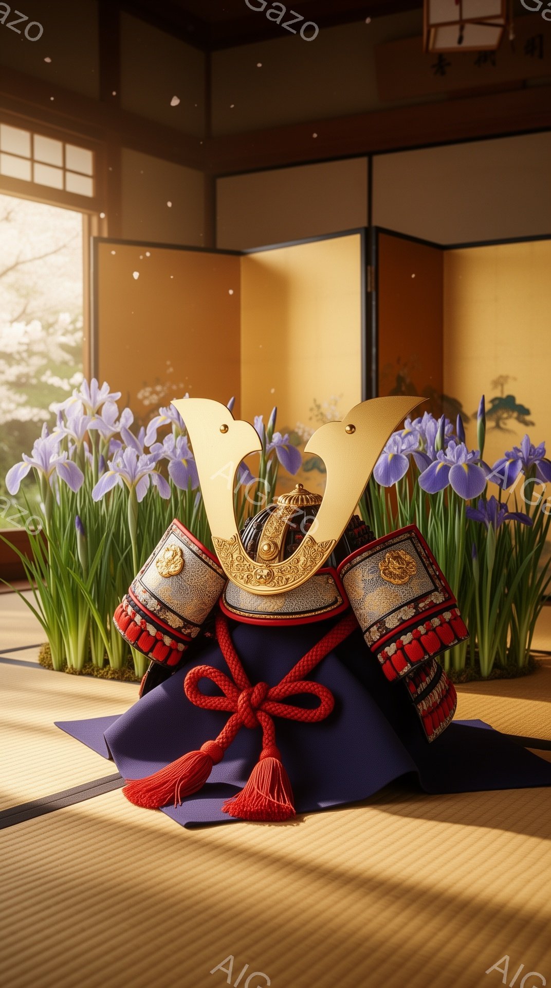 畳の上に兜が飾られています。背景には紫色の菖蒲が咲き乱れ、春の訪れを感じさせます。武家屋敷のような落ち着いた雰囲気の中で、子供の成長を願う端午の節句の飾り付けのようです。 - AI生成フリー素材