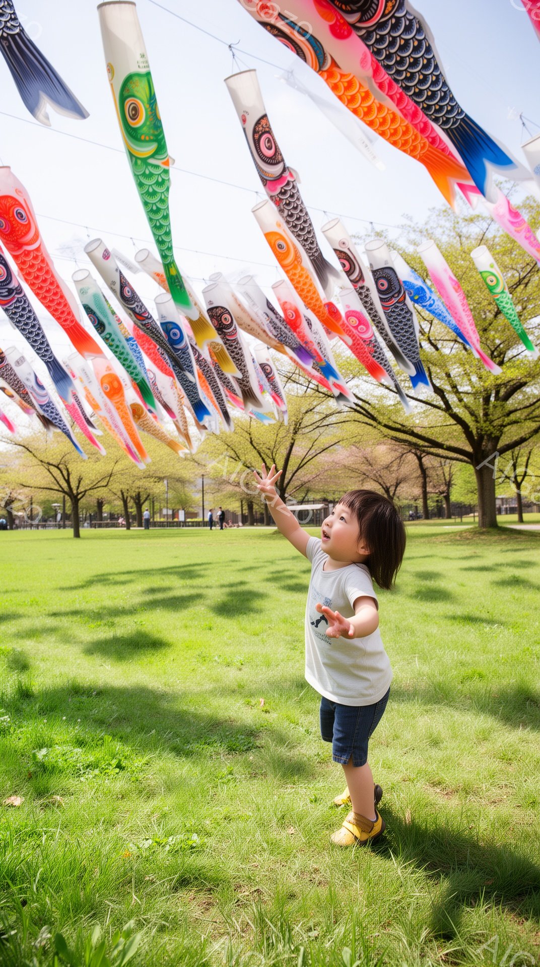 緑の芝生の上で、子供が空高く掲げられた鯉のぼりに手を伸ばしています。白いTシャツとショートパンツを身につけ、髪を軽く結んだ子供は、嬉しそうに鯉のぼりを見上げています。背景には木々が並び、春の穏やかな雰 - AI生成フリー素材