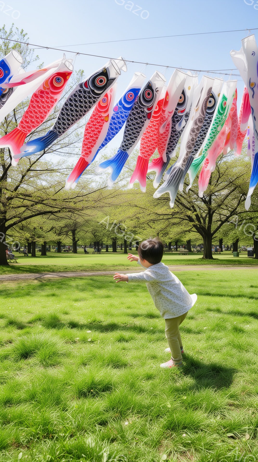 鮮やかな鯉のぼりが青空の下で揺れ、緑の芝生の上を小さな子供が歩いている。子供は白い長袖の服を着ており、鯉のぼりをじっと見つめているようだ。背景には木々が並び、春の穏やかな雰囲気が漂っている。 - AI生成フリー素材