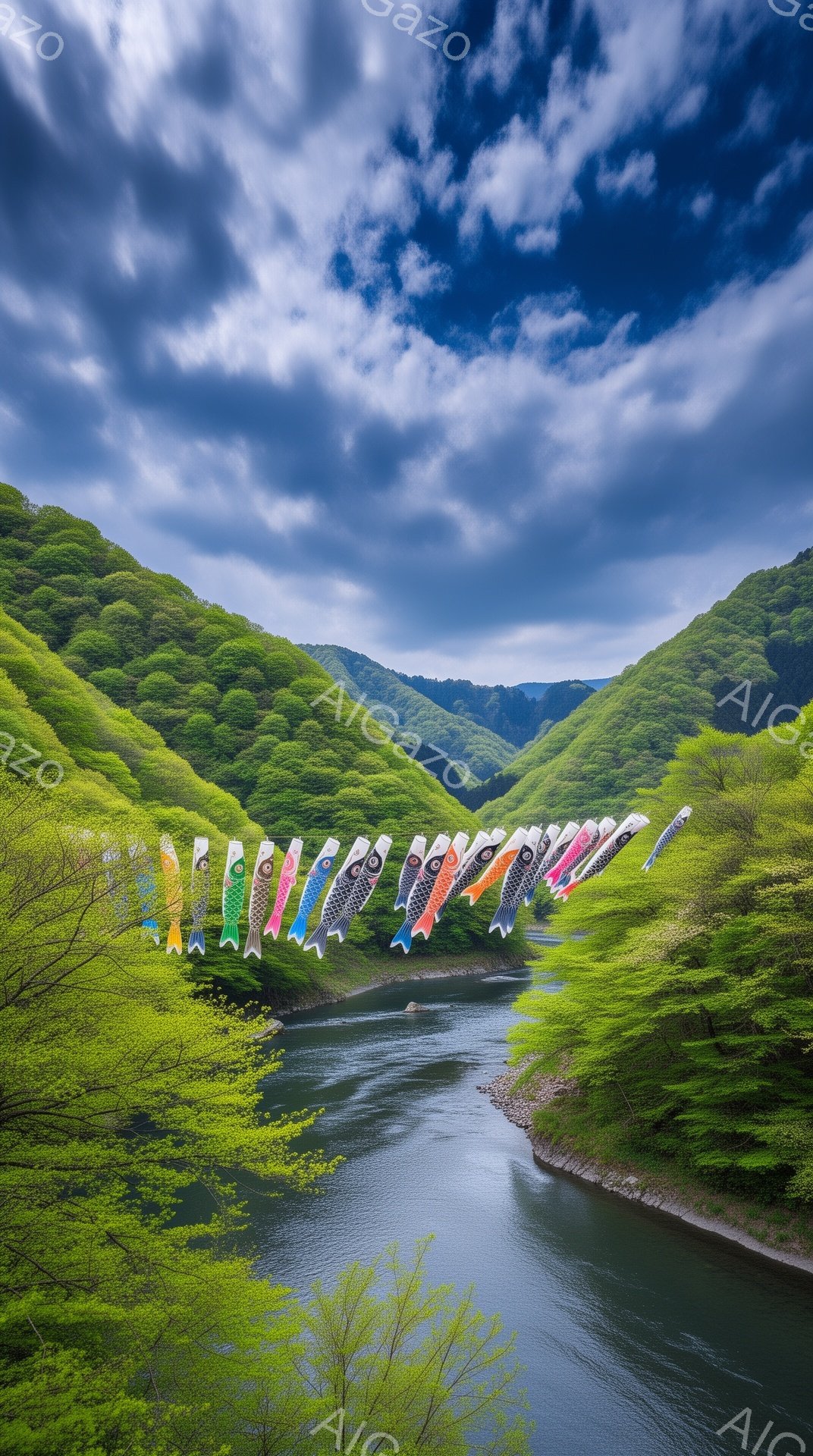 緑豊かな山々に囲まれた川の上空に、色とりどりの鯉のぼりが並んで空を泳いでいる。雲が多く、少し憂鬱な空模様だが、鯉のぼりの鮮やかな色彩が春の暖かさを感じさせる。日本の伝統的な行事である子供の日を祝う、平 - AI生成フリー素材