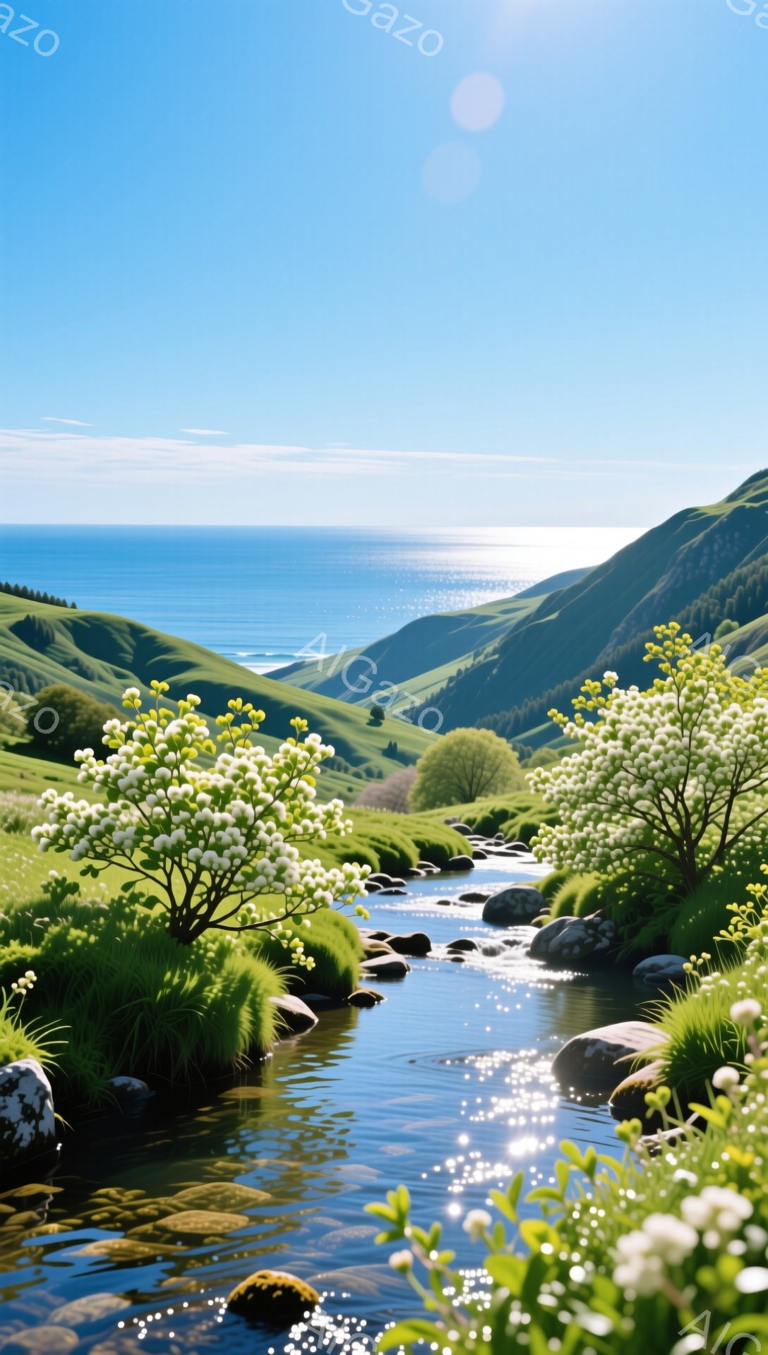 穏やかな丘陵地帯を流れる小川が印象的な風景です。水面は太陽の光を反射してキラキラと輝き、周囲の緑豊かな草木とコントラストをなしています。遠くには青い海が見え、平和で美しい自然の風景が広がっています。