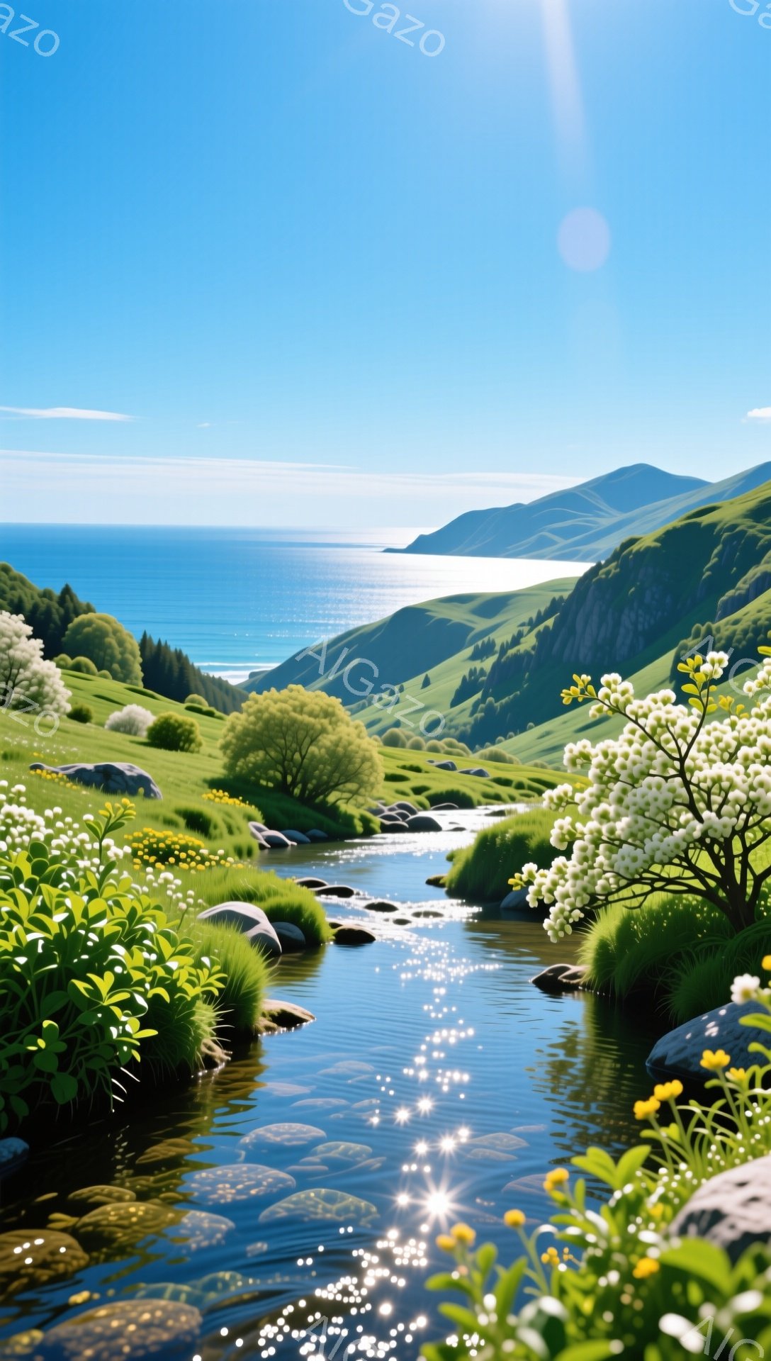 青々とした緑の丘陵地帯を流れる小川が印象的な風景です。太陽の光が水面に反射してキラキラと輝き、穏やかで平和な雰囲気を醸し出しています。遠くには青い海が広がり、自然豊かな景色が広がっています。 - AI生成フリー素材
