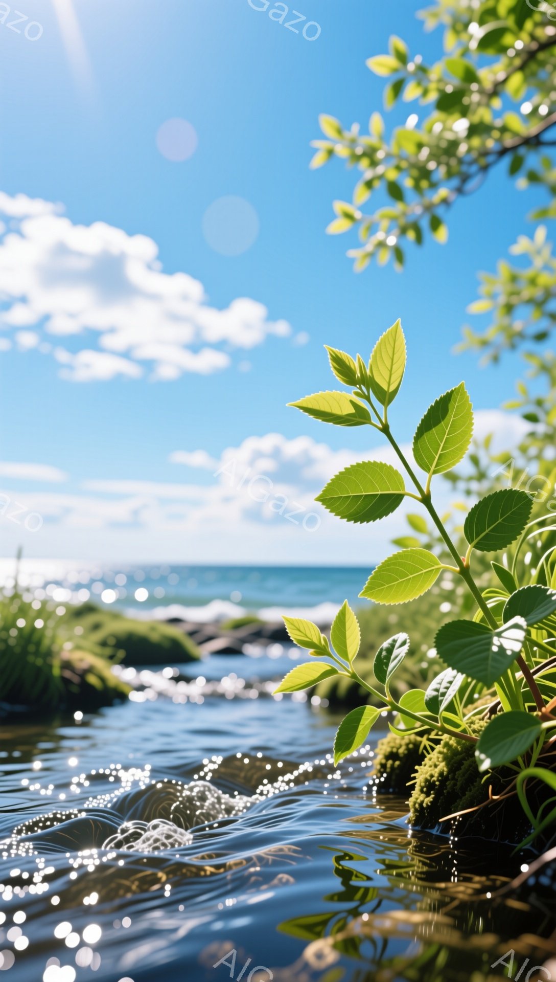 青々とした緑の葉が水面を照らし、岩と水が織りなす風景は穏やかで清々しい。太陽の光が水面で反射し、キラキラと輝き、夏の日の自然の美しさを際立たせている。背景には、青い空と白い雲が広がり、爽やかな印象を与えている。