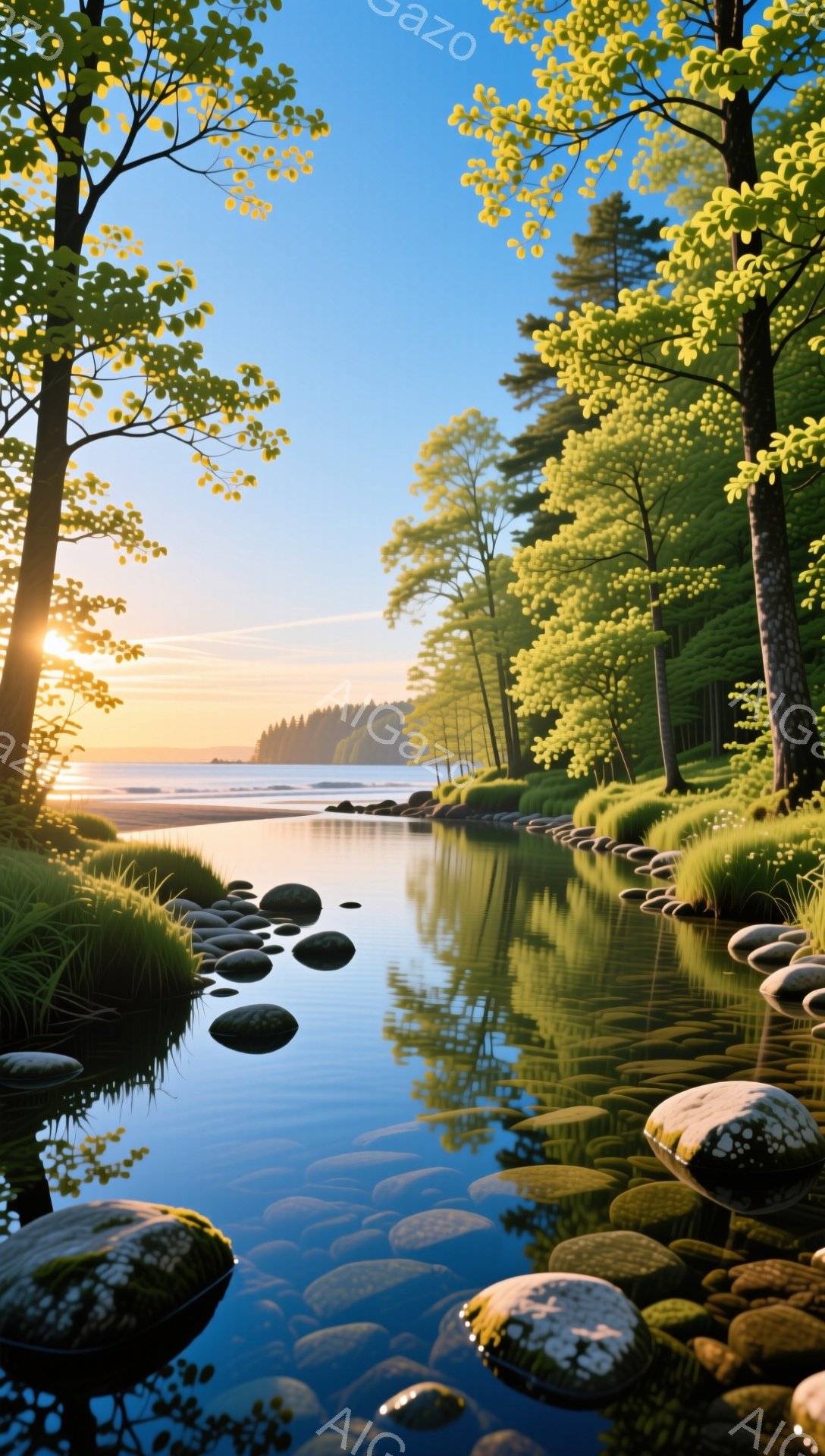 静かな小川が太陽の光を受けてきらきらと輝いている。周囲には緑豊かな草木が生い茂り、穏やかな雰囲気の中に、水面に反射する木々の姿が美しい。暖かく穏やかな光が、自然の美しさを引き立てている。 - AI生成フリー素材