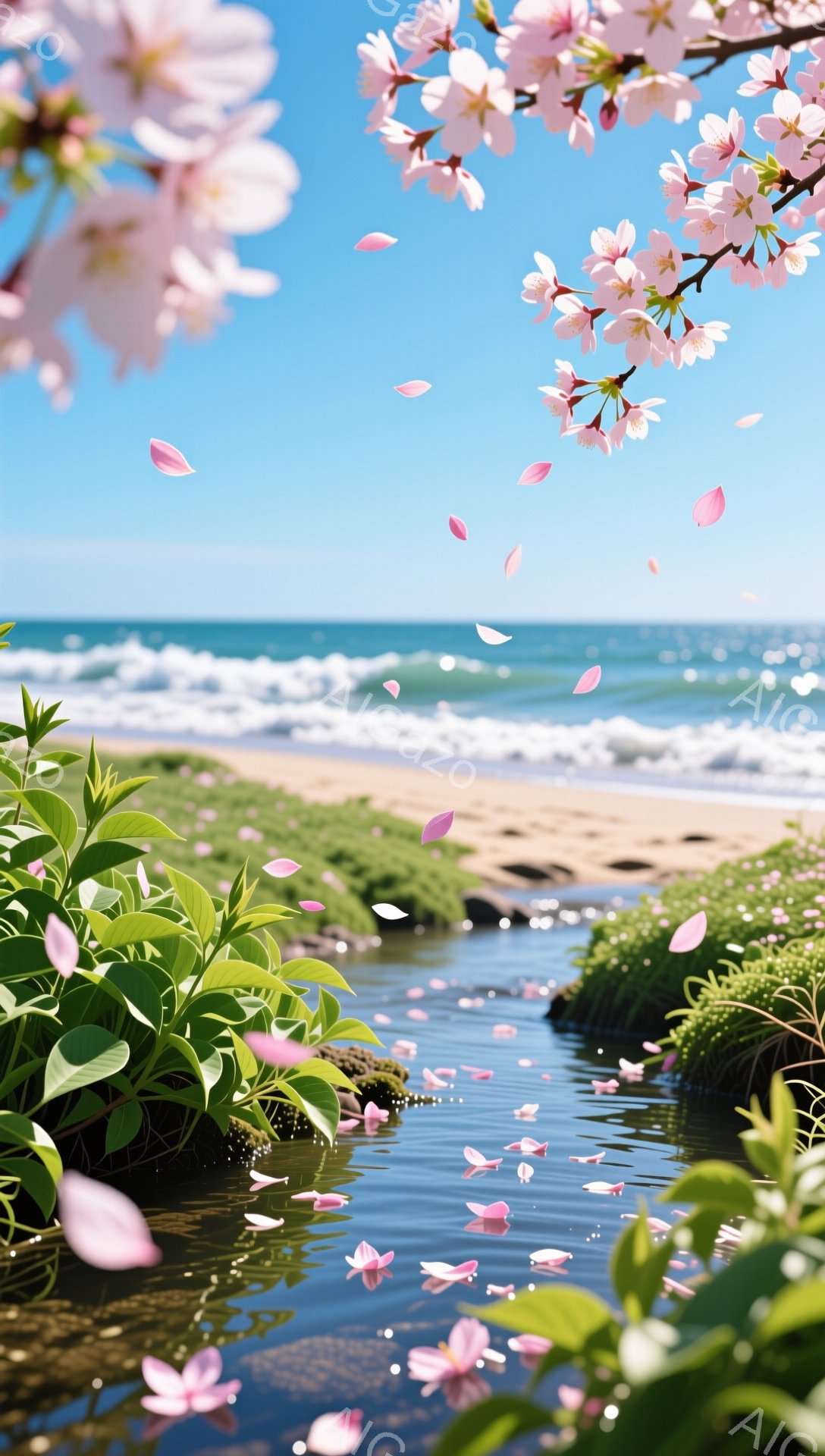 桜の花びらが舞い散る、穏やかな小川の風景です。青い空と海が広がり、春の暖かな日差しが感じられます。川岸には緑が生い茂り、自然の美しさが際立っています。 - AI生成フリー素材