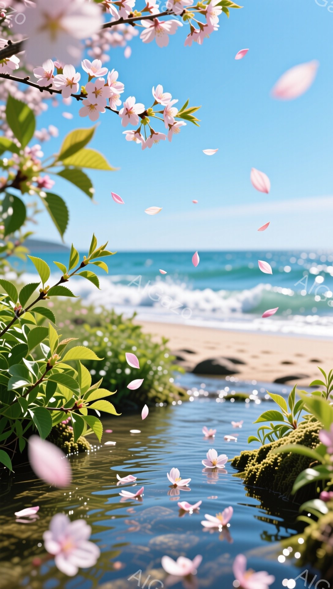 桜の花びらが舞い散る小川の風景です。青い空と穏やかな海が背景に見え、春の暖かさと静けさが感じられます。水面には花びらが浮かび、自然の美しさが際立っています。 - AI生成フリー素材