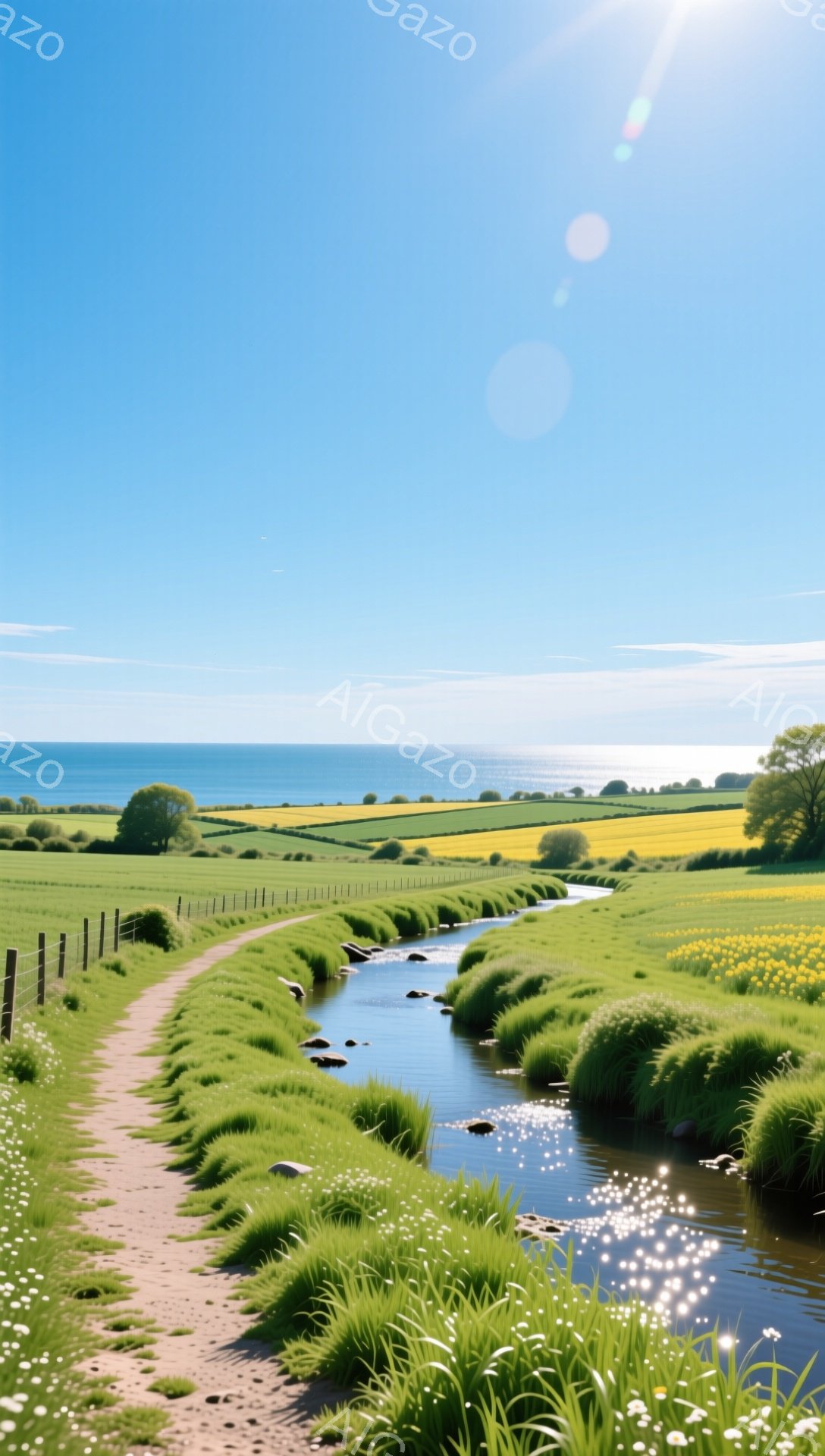 緑豊かな牧草地を細い小川が流れ、遠くには青い海が見える風景です。小川の脇には白い花が咲き、日光が水面に反射してキラキラと輝いています。晴れた空と穏やかな雰囲気で、のどかな田園風景が広がっています。 - AI生成フリー素材