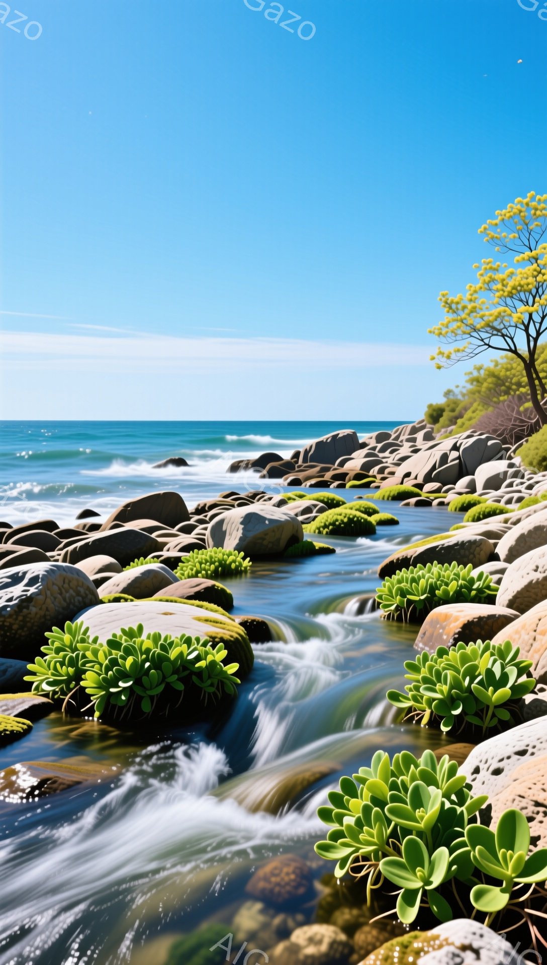 岩と緑の植物が点在する小川が、穏やかな海へと流れている。空は澄み渡り、太陽の光が水面と岩肌を照らし、自然の安らぎを感じさせる。鮮やかな緑と青が目に優しく、静かで穏やかな情景が広がっている。 - AI生成フリー素材