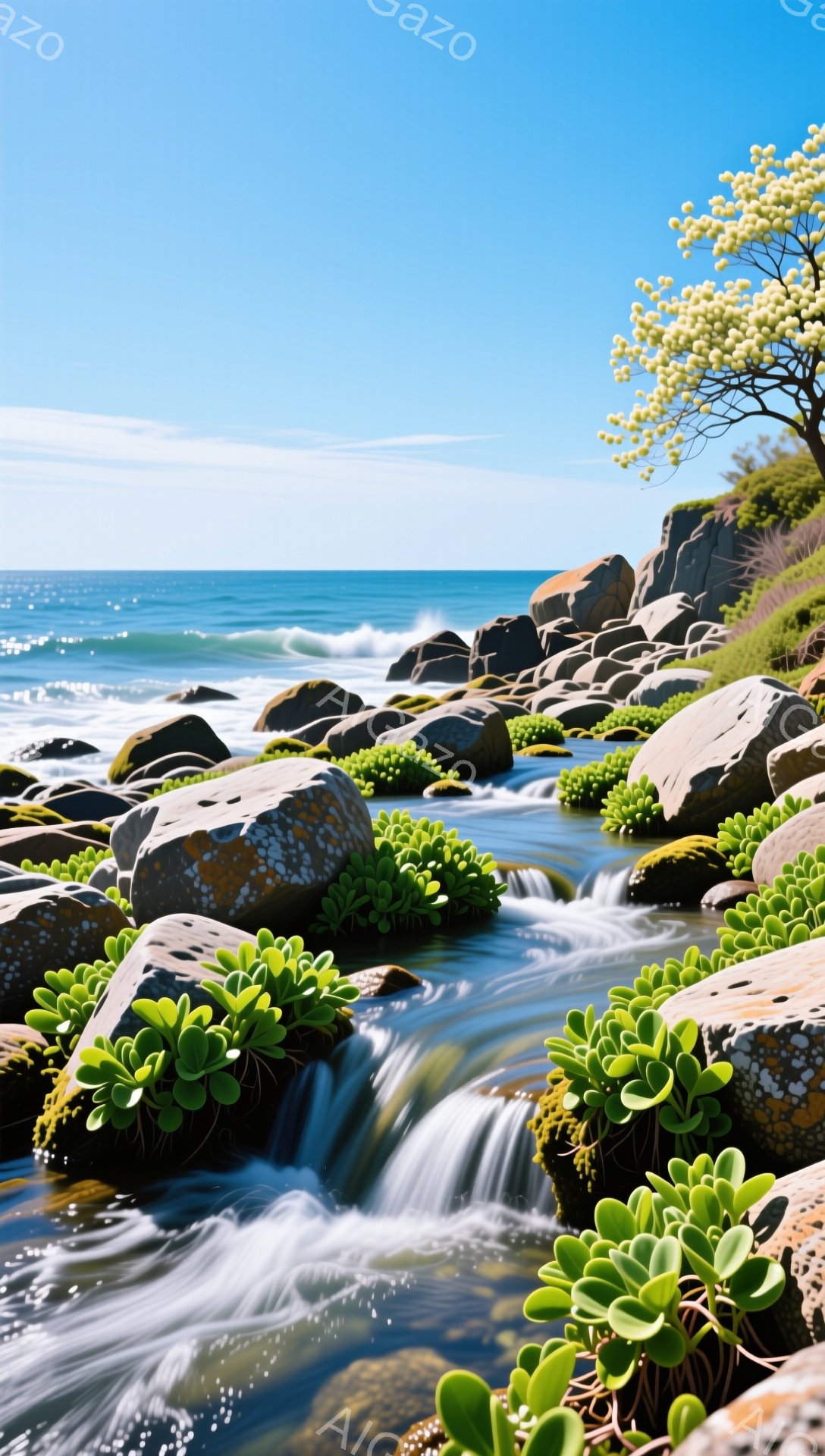 岩と緑の植物に囲まれた水流が、穏やかな青い海に向かって流れています。日の光が水面と岩肌を照らし、自然の静けさと美しさを感じさせます。空は晴れ渡り、穏やかな海と相まって、平和な雰囲気が漂っています。