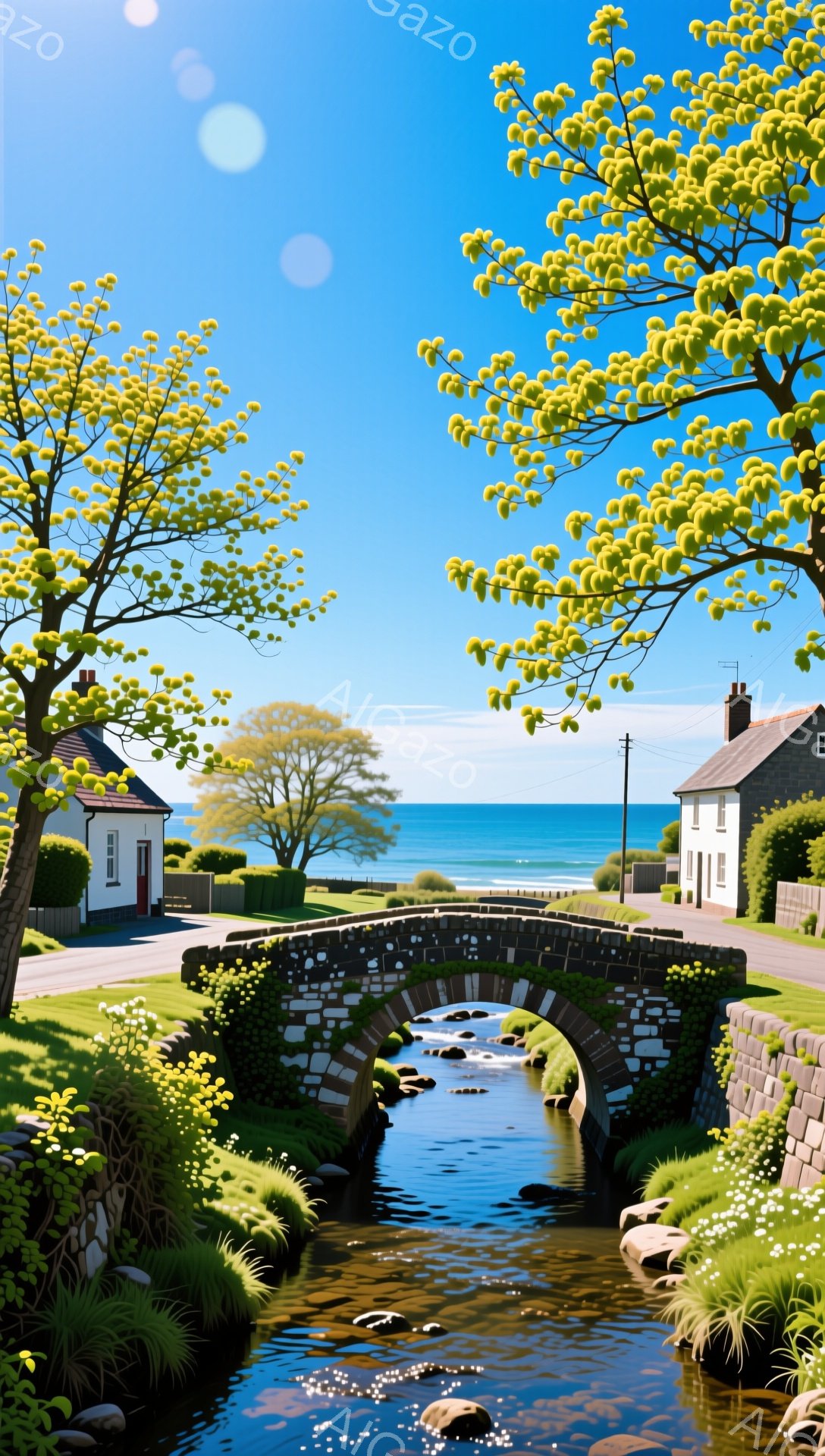 石造りのアーチ橋が小川にかかり、周囲には緑豊かな風景が広がっています。橋の向こうには、可愛らしい家々と青い海が見え、穏やかな春の日の雰囲気が漂います。木々は新緑に覆われ、暖かく平和な印象を与えます。 - AI生成フリー素材