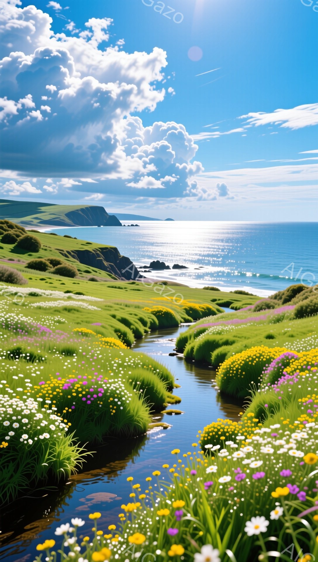 美しい海岸線に沿って小川が流れ、鮮やかな野花が咲き乱れている。青い空と白い雲が広がり、穏やかで平和な雰囲気が漂っている。自然の豊かな色彩と光が、見る者を魅了する風景だ。