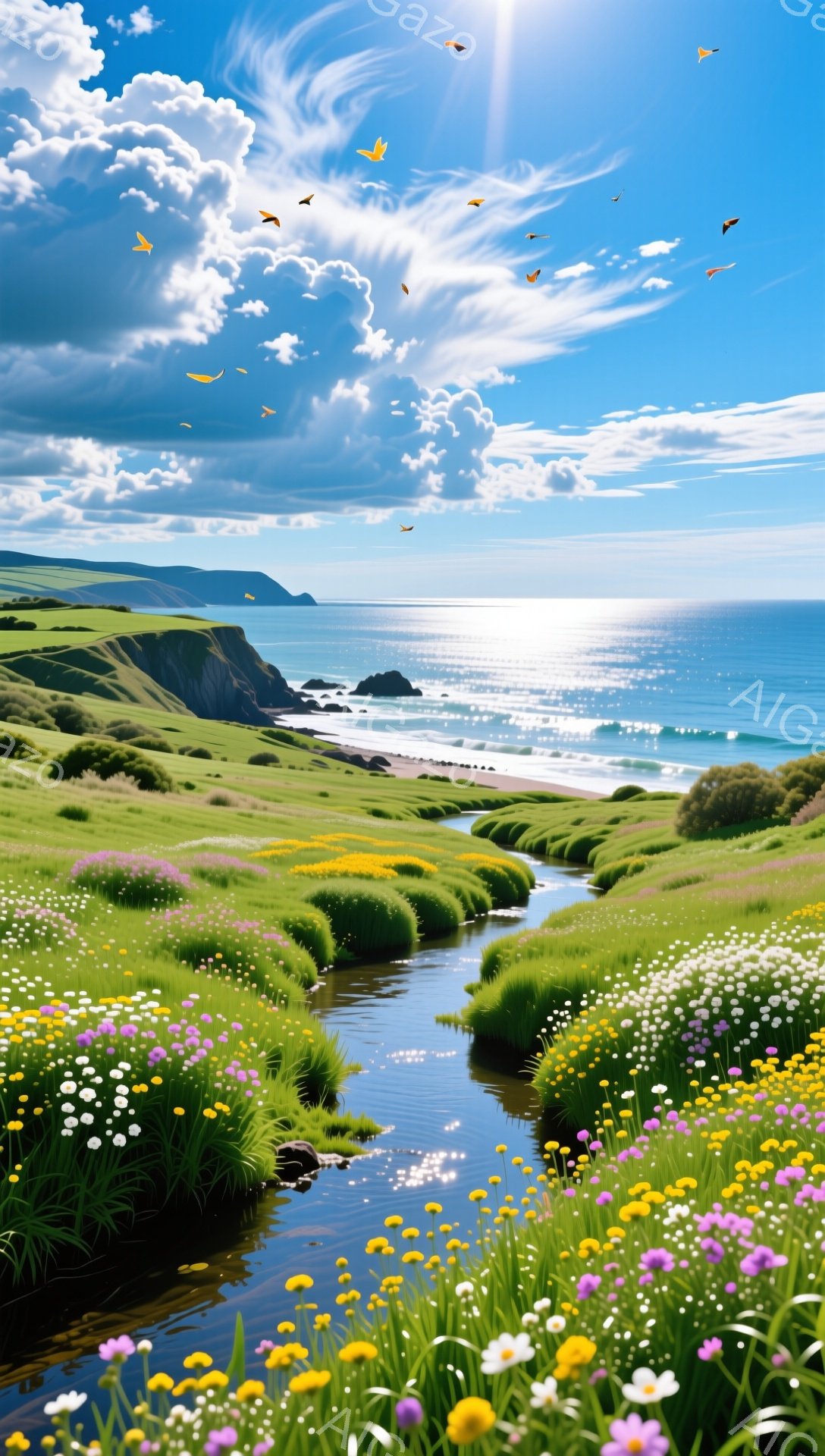 鮮やかな緑の草地と野花が広がり、小川が海へと流れていく風景です。太陽の光が雲間から差し込み、水面をキラキラと輝かせ、平和で穏やかな雰囲気を醸し出しています。遠くには断崖と青い海が広がり、自然の美しさを - AI生成フリー素材