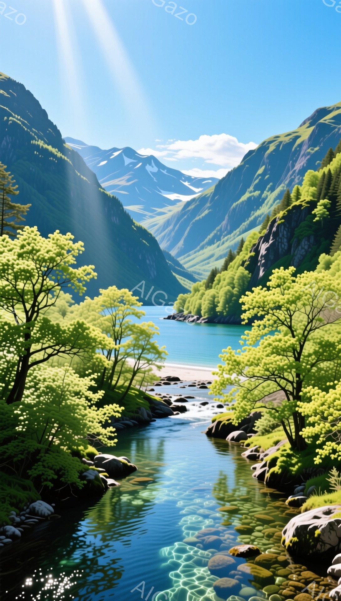 深い峡谷の中に、エメラルドグリーンの水が流れる穏やかな風景です。両側には緑豊かな木々が生い茂り、太陽光が差し込んで水面をきらきらと輝かせています。遠くには雪を抱いた山々がそびえ立ち、静寂で神秘的な雰囲 - AI生成フリー素材