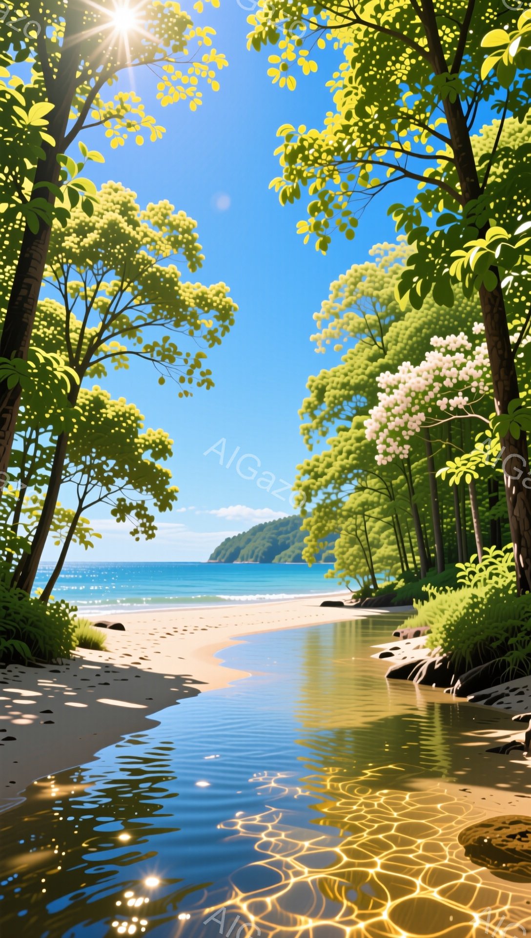 青々とした緑に囲まれた小川が、砂浜へと流れ込む美しい風景。水面には太陽の光が反射し、キラキラと輝いている。静かで穏やかな雰囲気で、自然の美しさを感じさせる。 - AI生成フリー素材