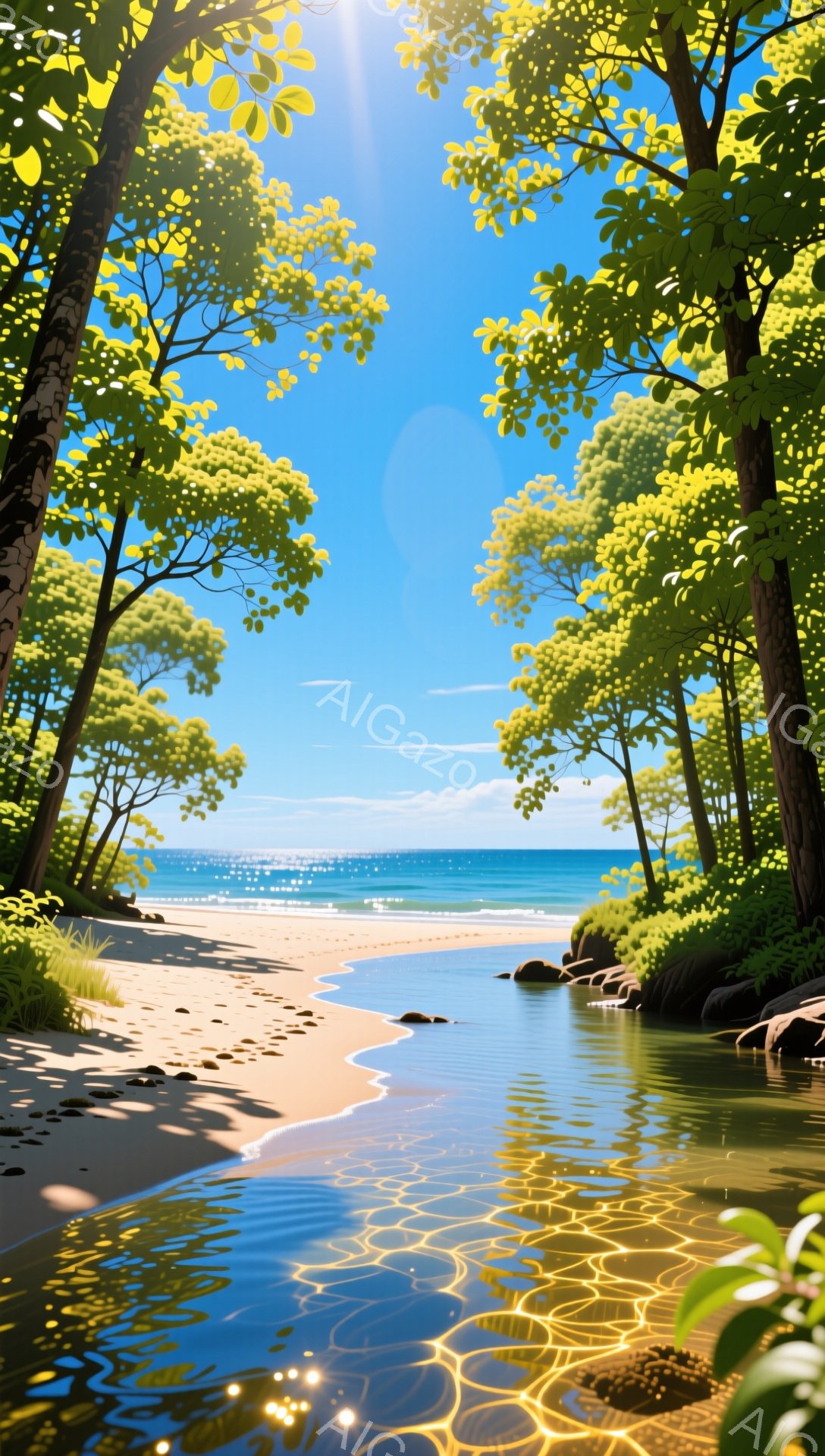 青々とした木々に囲まれた砂浜と、きらきらと輝く水面が印象的な風景です。太陽光が水面で反射し、幻想的な光の模様を作り出しています。穏やかな波の音と緑豊かな自然が、安らぎと静寂をもたらします。