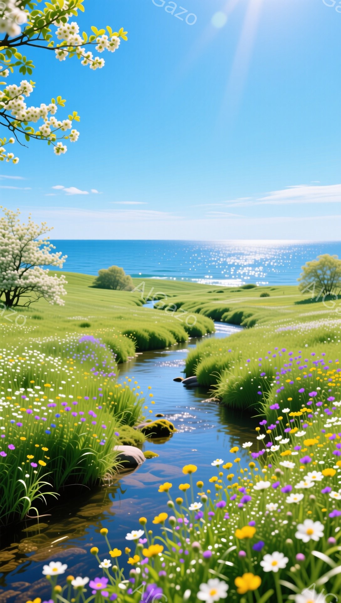 美しい花々が咲き乱れる小川が、緑豊かな丘陵地帯を流れ、青い海へと繋がっている。空は晴れ渡り、太陽の光が水面をきらきらと輝かせている。穏やかで平和な風景は、自然の美しさを感じさせる。 - AI生成フリー素材