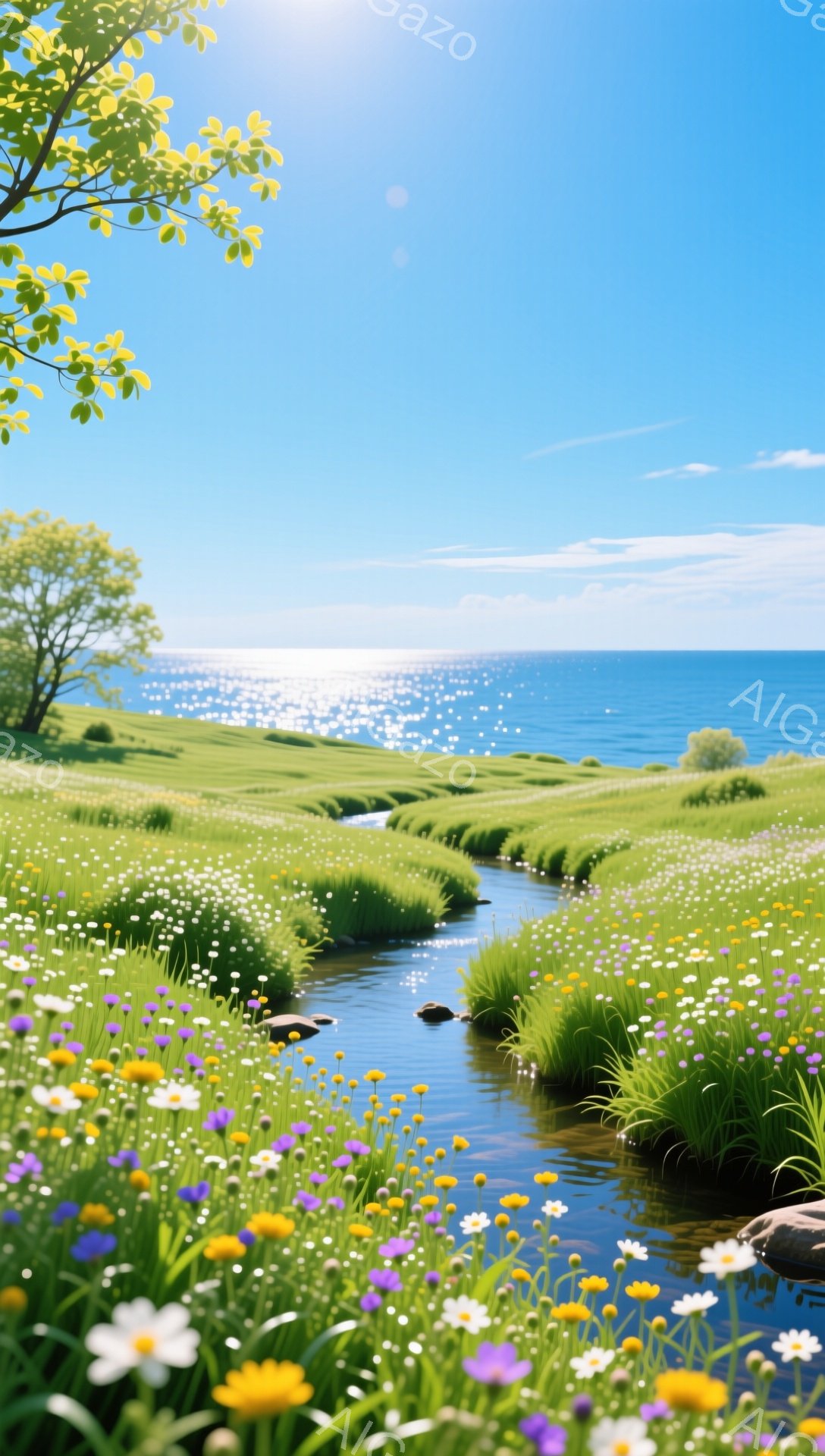 美しい緑の草原が広がり、小川が穏やかに流れています。空は澄み切った青色で、太陽の光が水面で反射してキラキラと輝いています。野花が咲き乱れ、平和で穏やかな雰囲気を醸し出しています。 - AI生成フリー素材
