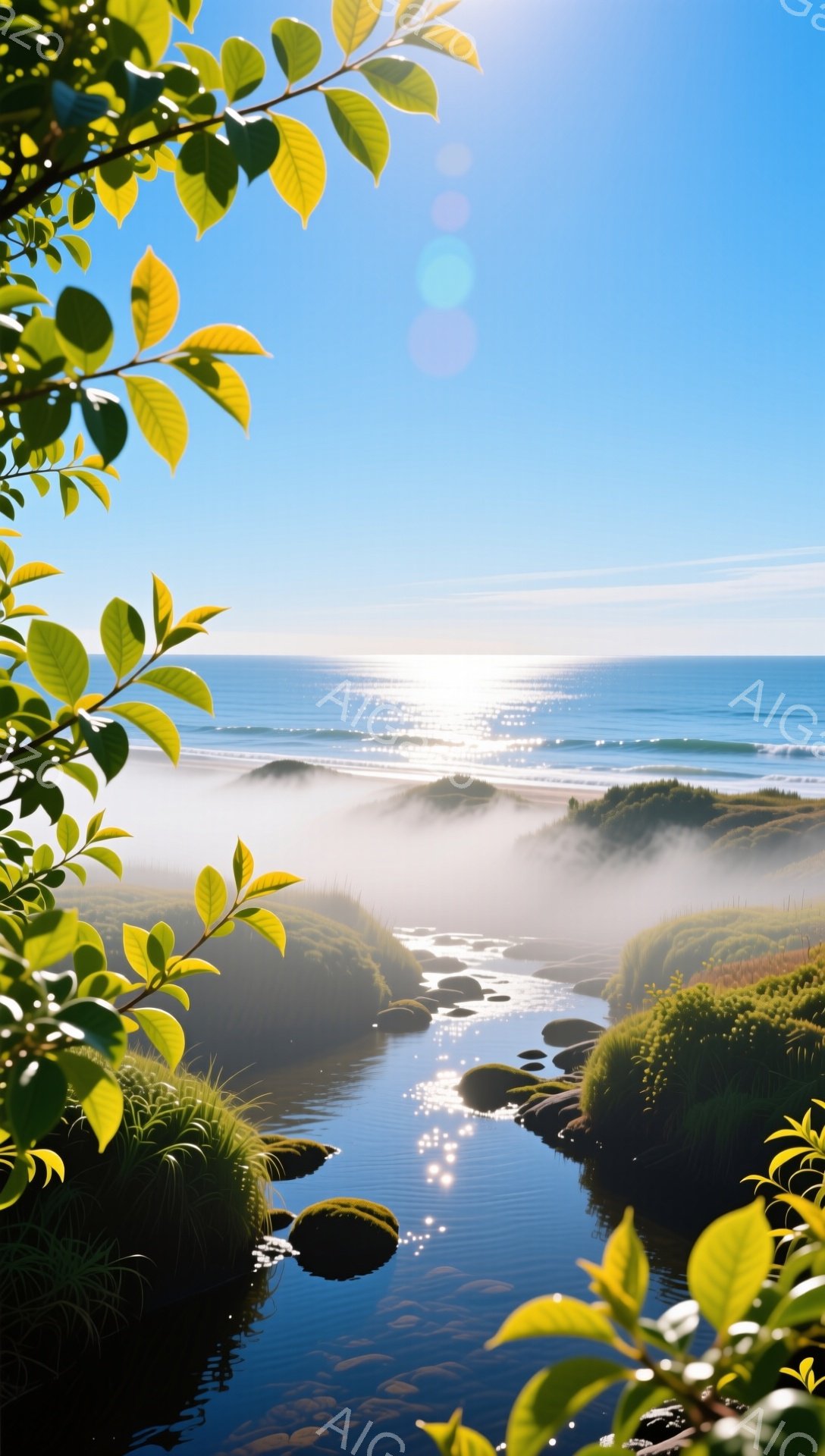 青々とした草が生い茂る小川が、朝霧の中を海へと流れ込んでいる。太陽の光が水面を照らし、キラキラと輝き、穏やかな雰囲気を醸し出している。背景には青い海と空が広がり、自然の美しさが際立っている。