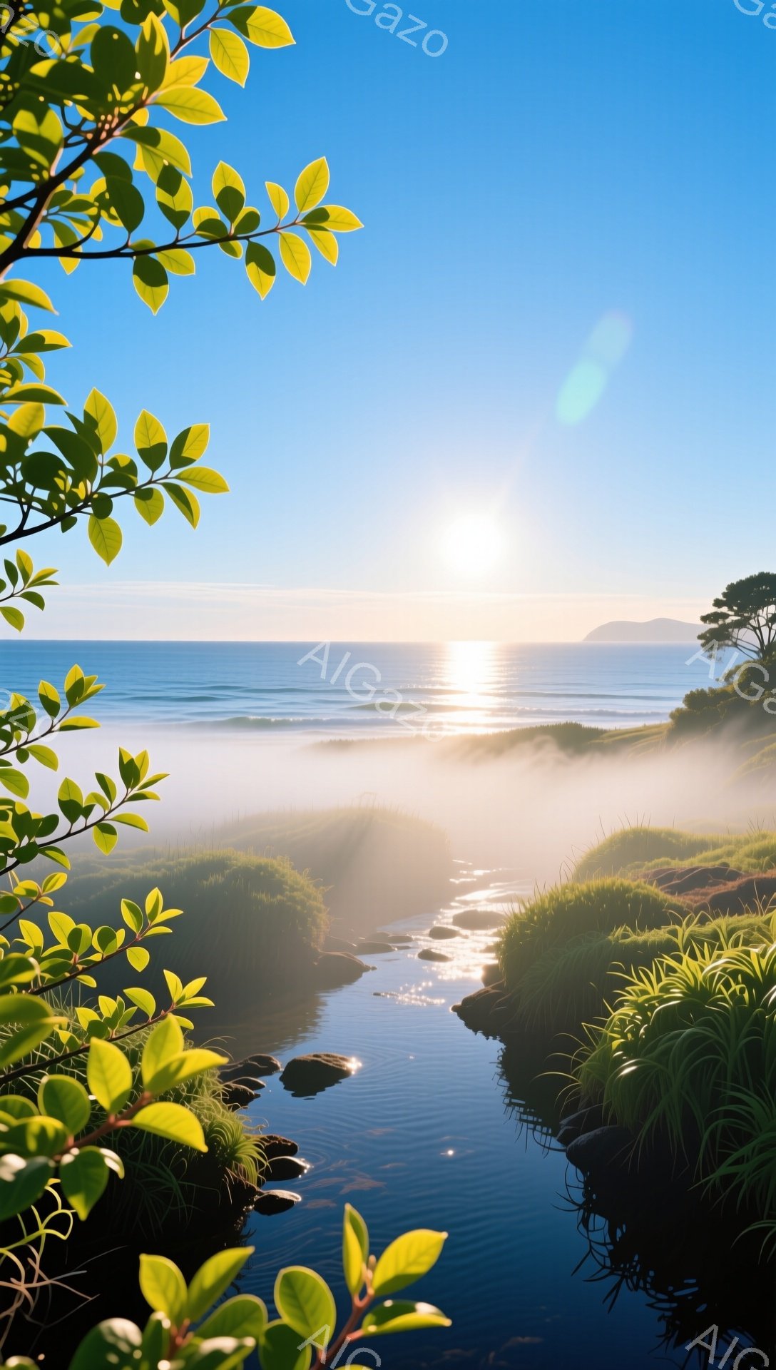 穏やかな朝、水面を照らす太陽の光が幻想的な風景を作り出している。浅瀬の川は、緑豊かな植物に囲まれ、遠くには青い海と空が広がり、静寂と安らぎの雰囲気に包まれている。水面に反射する太陽光と、川の流れが美し - AI生成フリー素材