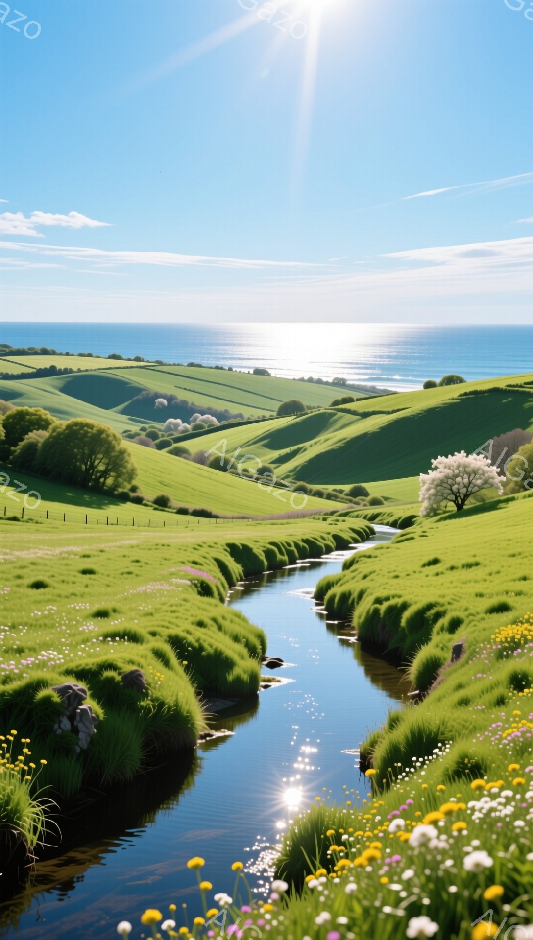 緑豊かな丘陵地帯を流れる小川が印象的な風景です。青い空と海、そして咲き乱れる野花が、穏やかで平和な雰囲気を醸し出しています。太陽の光が水面で反射し、キラキラと輝いている様子が美しいです。 - AI生成フリー素材