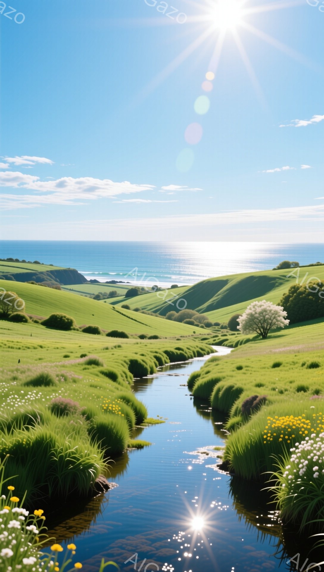 穏やかな丘陵地帯を流れる小川が印象的な風景です。青い空と輝く太陽光が水面を照らし、緑豊かな自然が広がっています。遠くには海が見え、平和で静かな雰囲気が感じられます。 - AI生成フリー素材