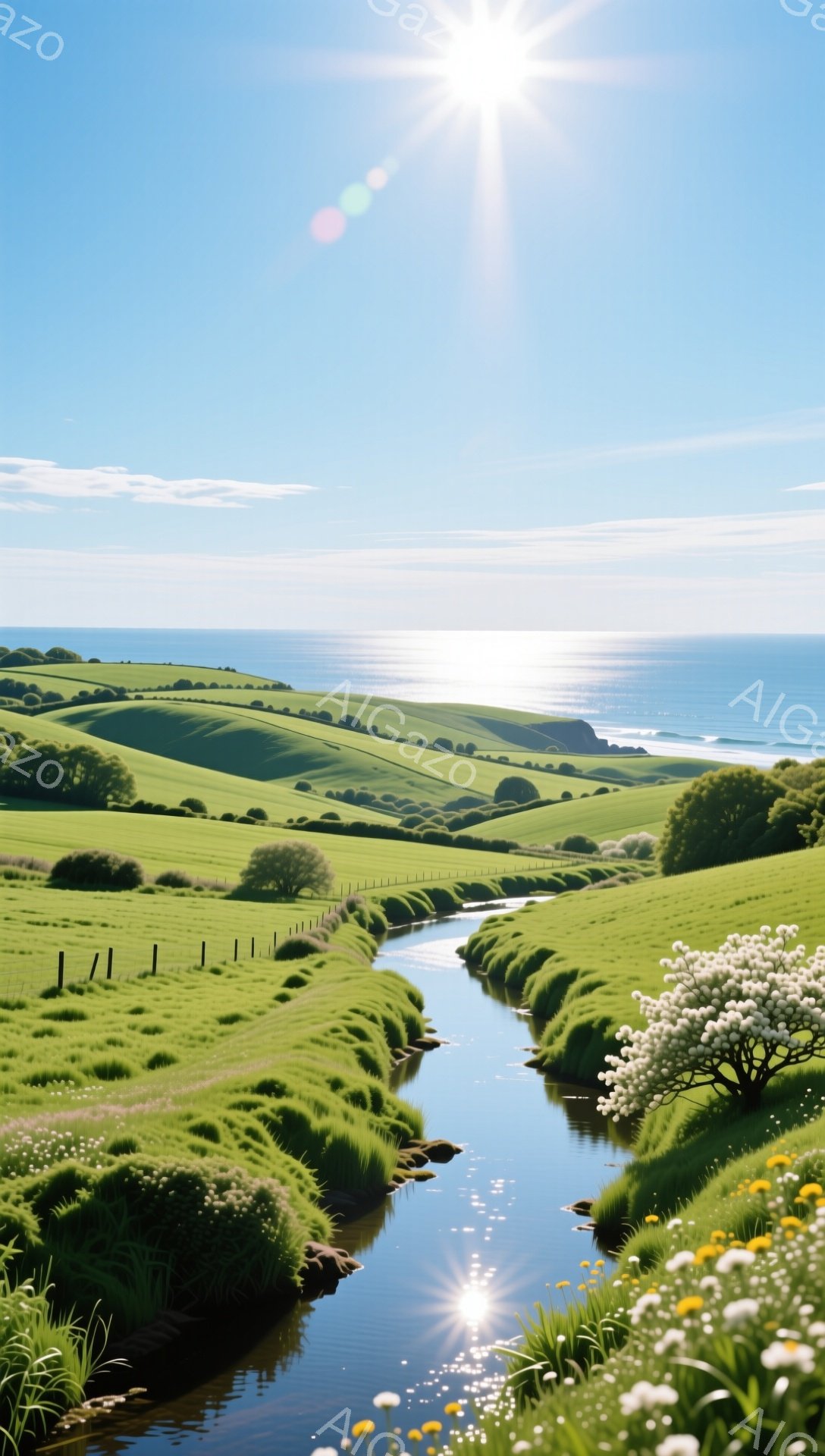 鮮やかな緑の丘陵地帯を流れる小川が印象的な風景です。空は澄み渡り、太陽の光が水面に反射してキラキラと輝いています。穏やかな雰囲気で、自然の美しさが感じられます。 - AI生成フリー素材