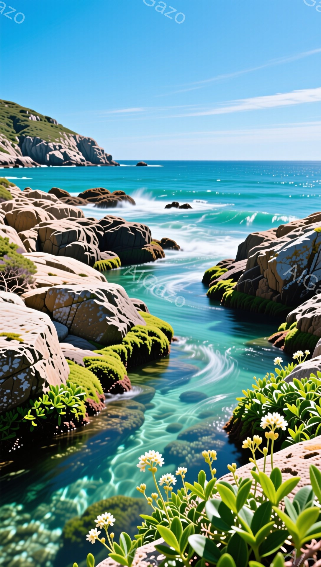 鮮やかなターコイズブルーの海と岩場が印象的な風景です。岩の隙間を流れる水は、まるで絵画のように美しく、生命力あふれる植物がその周りを彩っています。穏やかな雰囲気と美しい自然が調和した、心が安らぐ情景です。