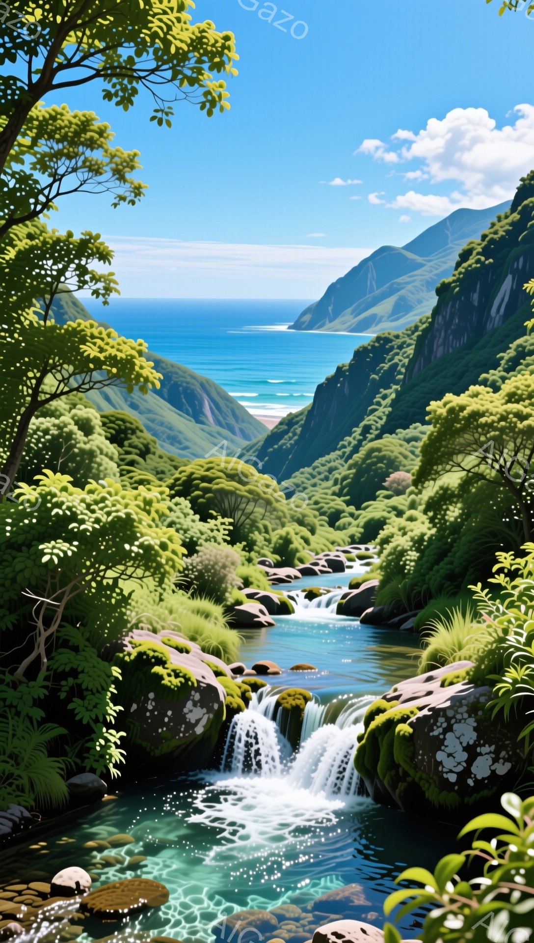 鬱蒼とした緑に囲まれた渓流が、青い海へと流れ込んでいる。水の流れは穏やかで、太陽の光を受けてキラキラと輝き、まるで楽園のような風景だ。周囲の植物は豊かで、熱帯地方の湿った雰囲気が伝わってくる。