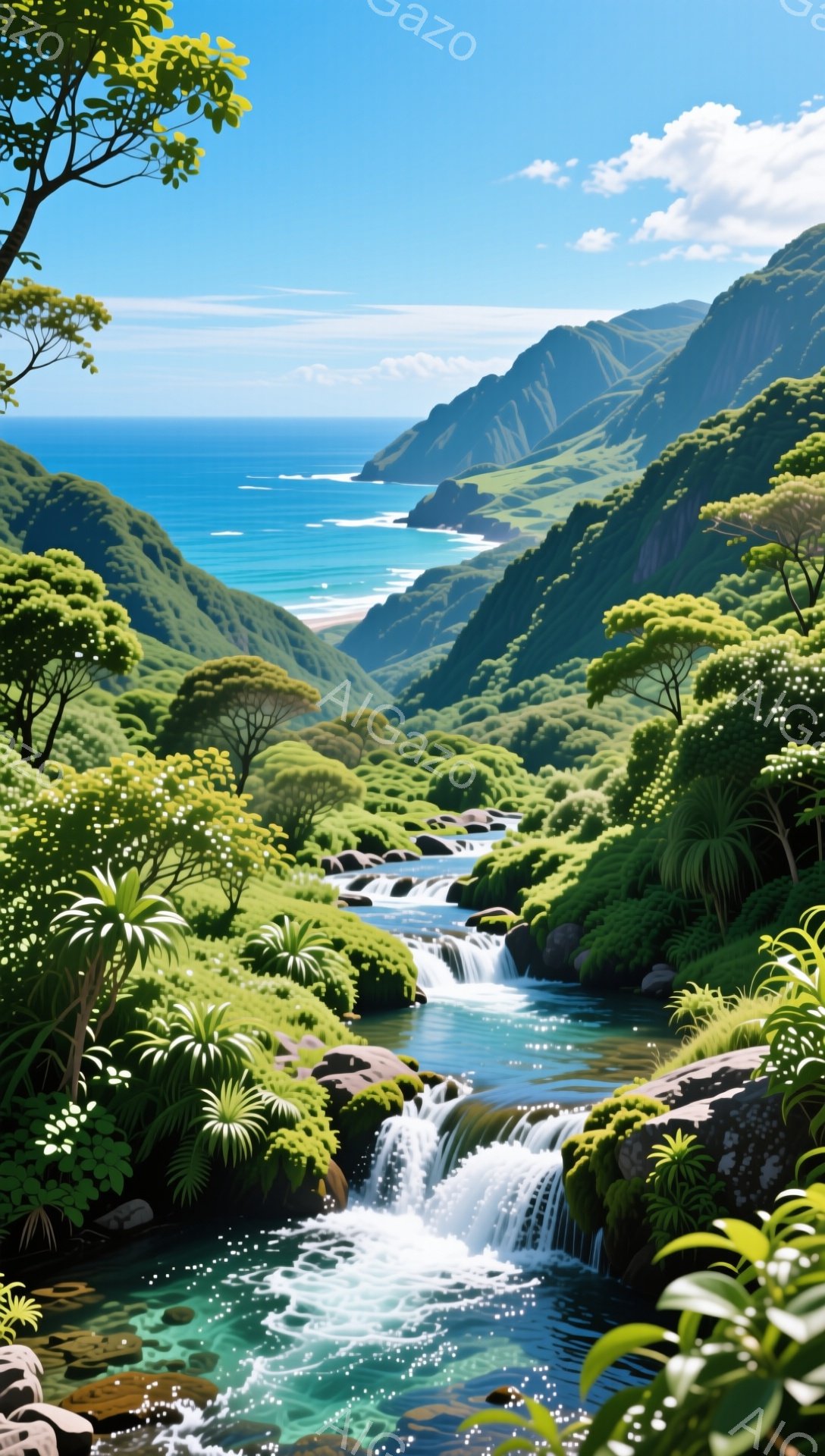 美しい緑の谷が広がり、透明度の高い小川が流れ落ちている。遠くには青い海と、険しい山々が連なり、自然の雄大さを感じさせる。熱帯の植物が生い茂り、まるで楽園のような風景だ。 - AI生成フリー素材